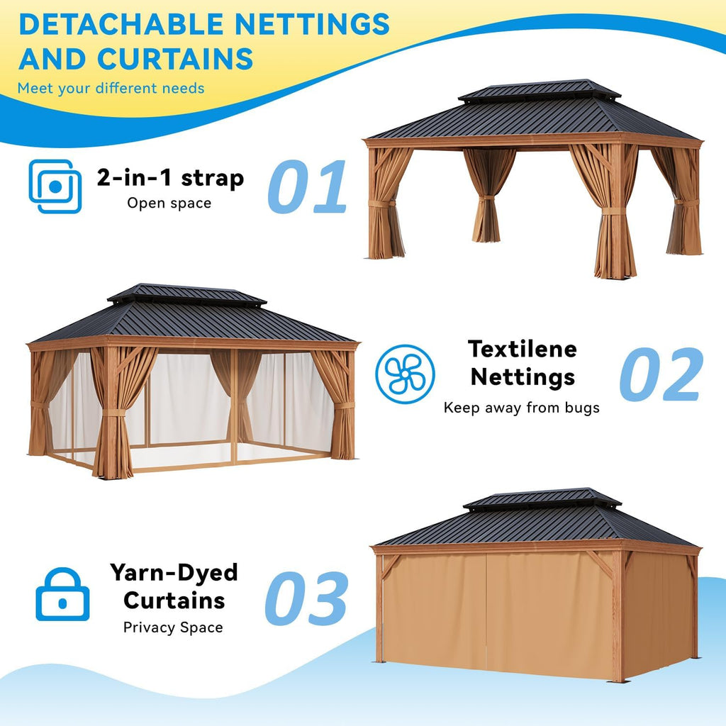 12' x 16' Hardtop Gazebo, Double Galvanized Steel Roof, Permanent Aluminum Pavilion with Privacy Curtains and Mosquito Netting, Durable Outdoor Metal Gazebo for Parties, Gardens and Lawns