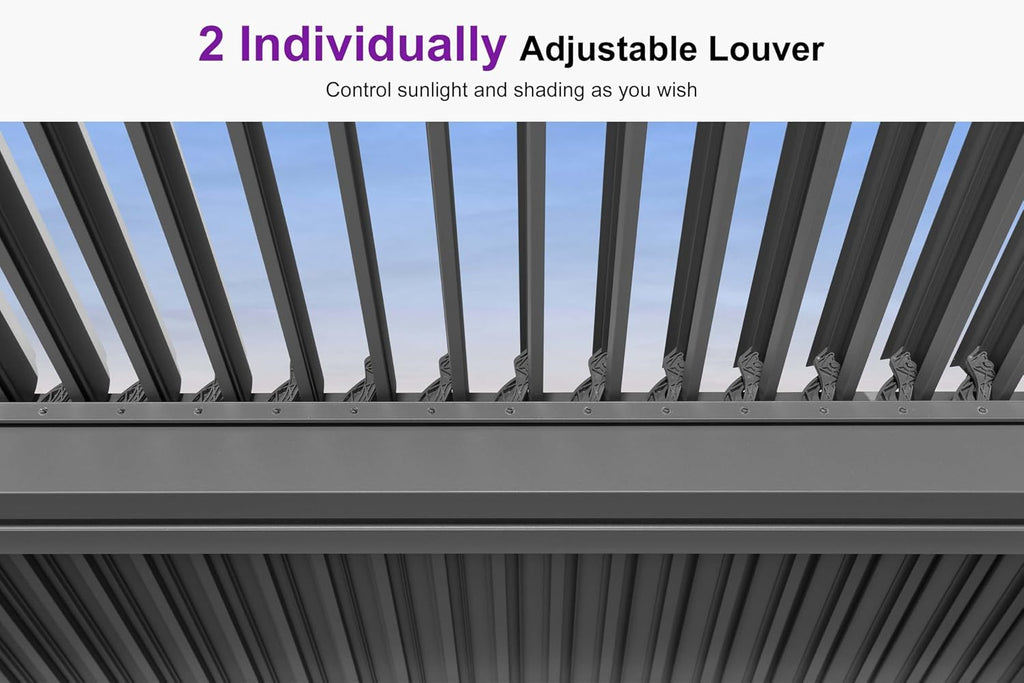 PURPLE LEAF Louvered Pergola 10' x 15' Outdoor Retractable Modern Hardtop Full Aluminum Pergola with Adjustable Rainproof Roof and 24 Clear LED Lights for Patio Deck Backyard Slate Grey
