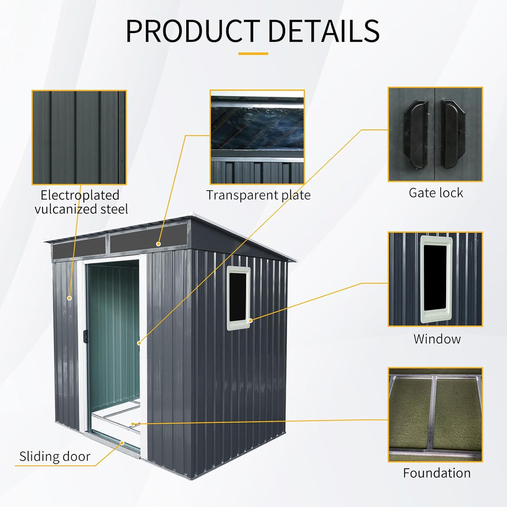 GDFStudio 6ft x 5ft Outdoor Metal Storage Shed with Window and Transparent Roof Panel, Garden Tool House with Metal Foundation, Sliding Doors, Hooks & Accessories Included,Black and White