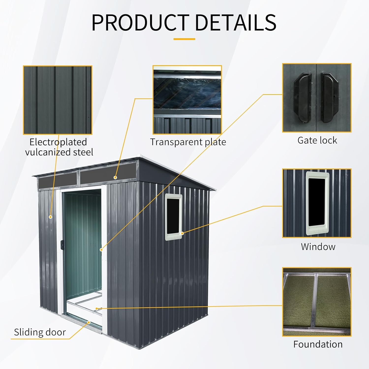 GDFStudio 6ft x 5ft Outdoor Metal Storage Shed with Window and Transparent Roof Panel, Garden Tool House with Metal Foundation, Sliding Doors, Hooks & Accessories Included,Black and White