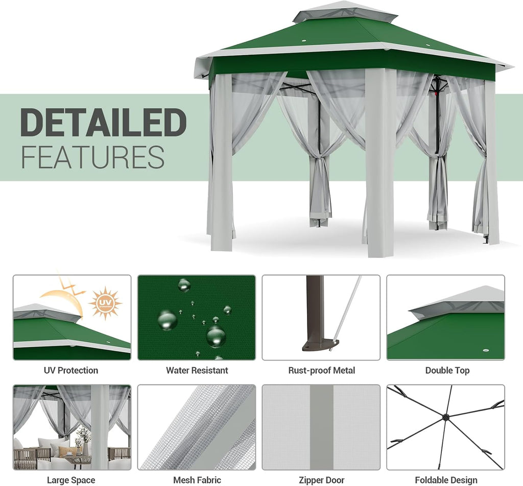 70.8'X70.8' Outdoor Patio Gazebo, Pop-Up Screen Tent with UV Protection & Mosquito Net, Waterproof Hardtop for Backyard, Camping, Easy Foldable Design(Green Beige)