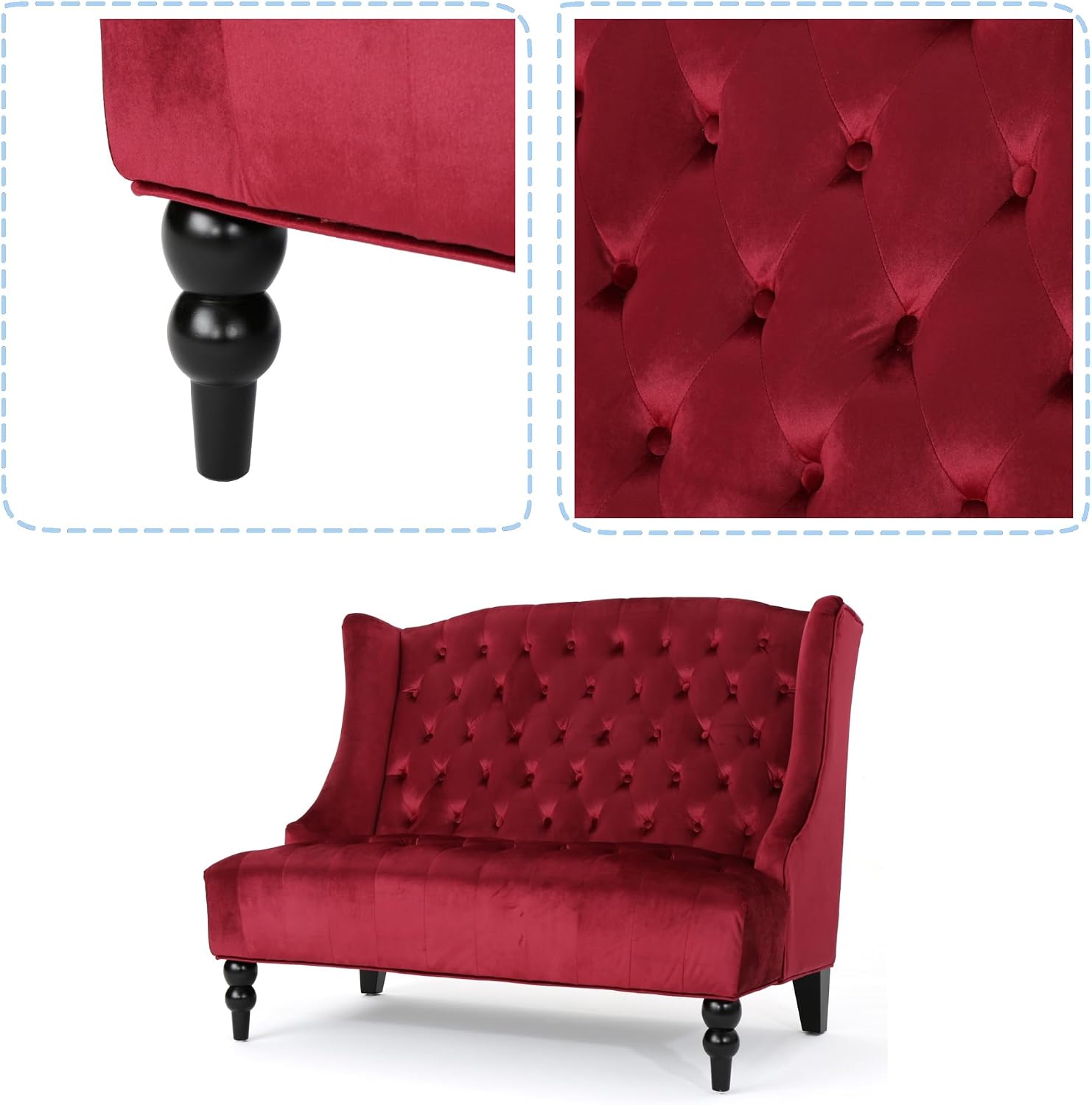 Modern Tufted Velvet Wingback Loveseat, Tufted Velvet 2 Seat Couch Sofas with High Back Thick Padded Cushioned Seats for Living Room, Victorian Style, Wine red
