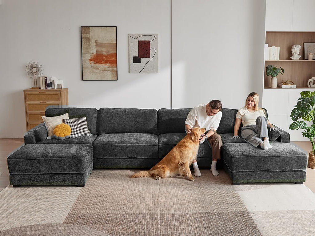 Vipbear 160' Oversized Modular Sectional Sofa, U Shaped Couch Set with 2 Pillows, 6 Seat Comfy Cloud Couches with 2 Movable Ottomans for Living Room, Bedroom and Apartment, Chenille Dark Grey