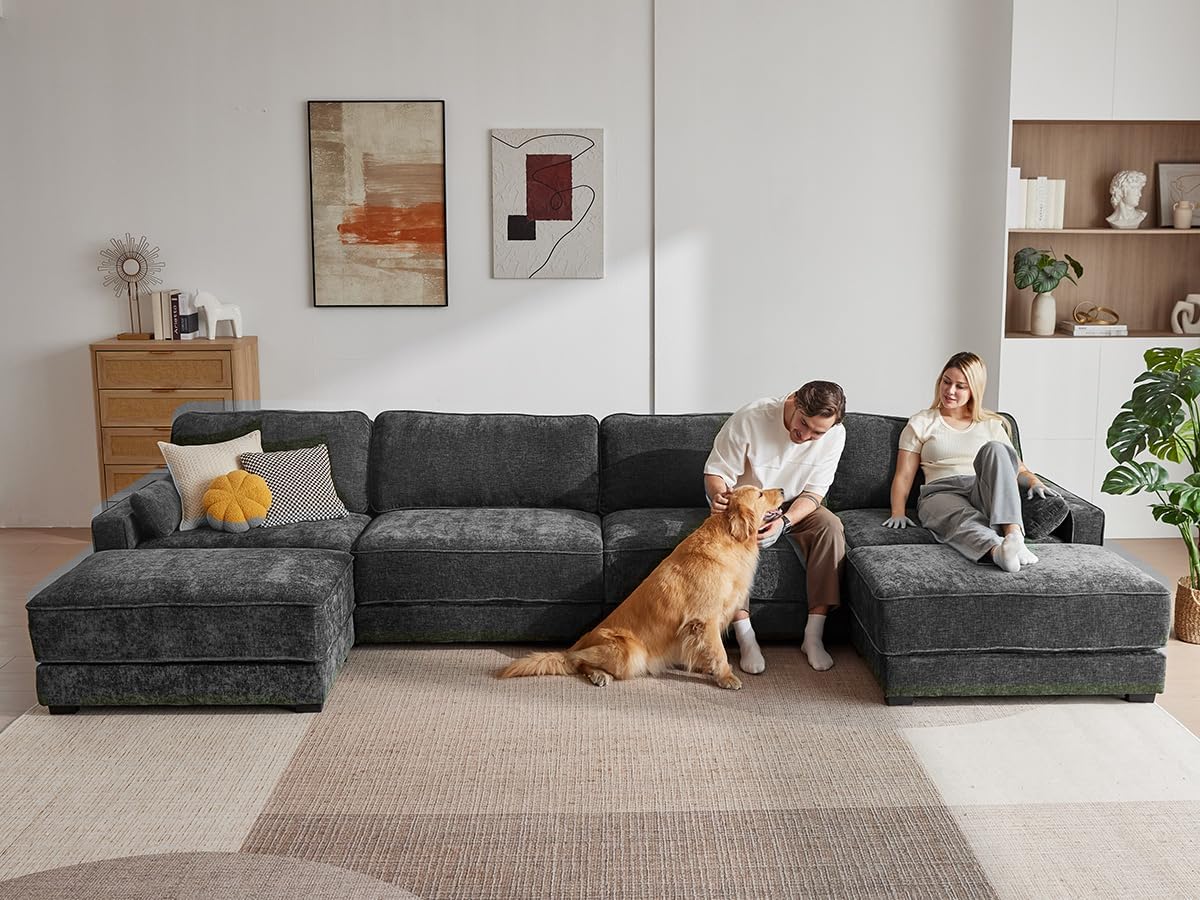Vipbear 160' Oversized Modular Sectional Sofa, U Shaped Couch Set with 2 Pillows, 6 Seat Comfy Cloud Couches with 2 Movable Ottomans for Living Room, Bedroom and Apartment, Chenille Dark Grey