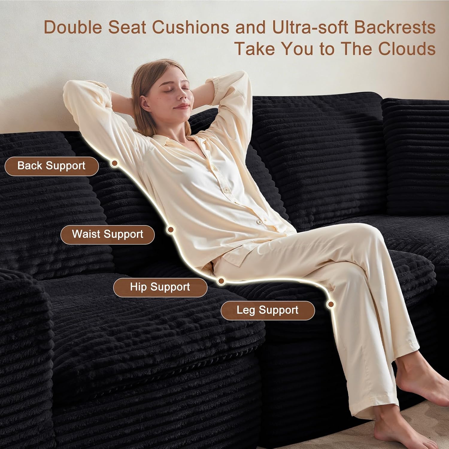 108' Modular Sectional Sofa Couches L Shaped Couch 3 Seater Cloud Sofa Memory Foam Sectional Couches for Living Room, Boneless Couch with Ottoman, Corduroy, Black
