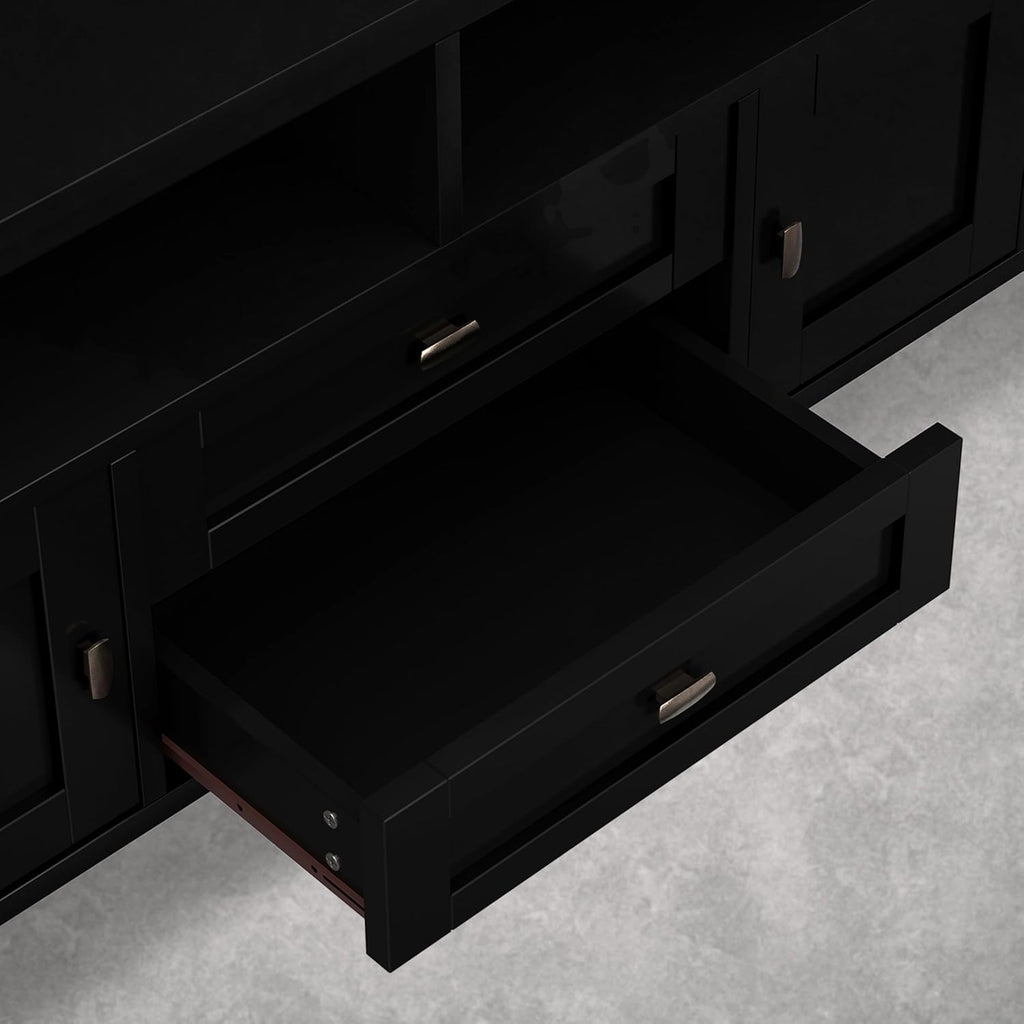 SIMPLIHOME Warm Shaker TV Stand - 72 inch Wide Solid Wood Media Console in Deep Black, Transitional Entertainment Center for Living Room for TVs up to 80 Inches with Cabinets and Cable Management