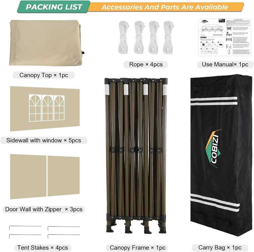 COBIZI 10x30 Heavy Duty Party Tent, Commercial 10x30 pop up Canopy for Parties Waterproof Gazebos with 8 Sidewalls, All Season Wind & Waterproof UPF50+,Stable Thickened Frame, Khaki