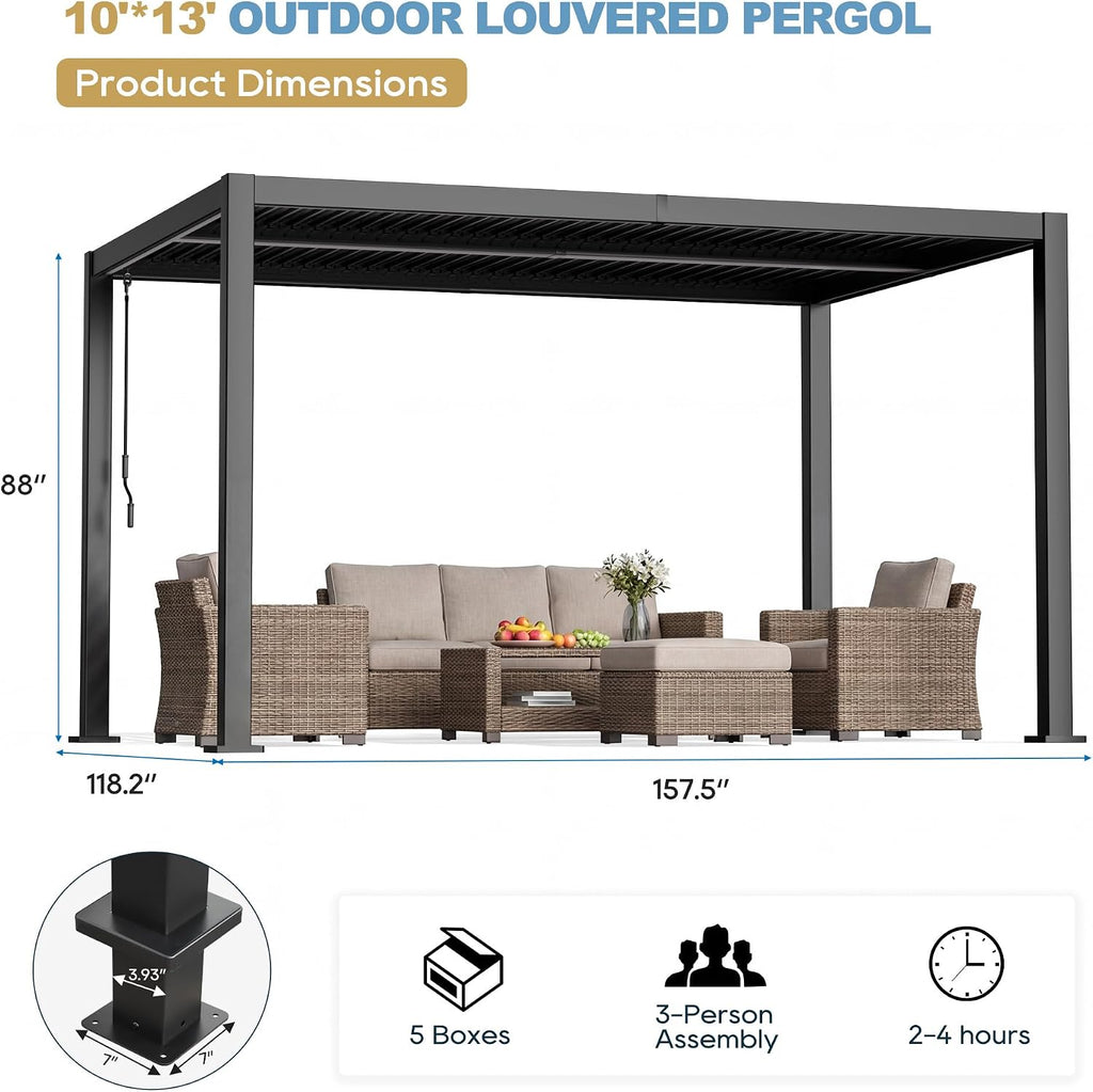 10' x 13' Aluminum Louvered Pergola with Gutter Drainage System, Outdoor Hardtop Gazebo with Adjustable Roof, All-Weather Metal Pergola for Patio, Garden, Deck(Black)
