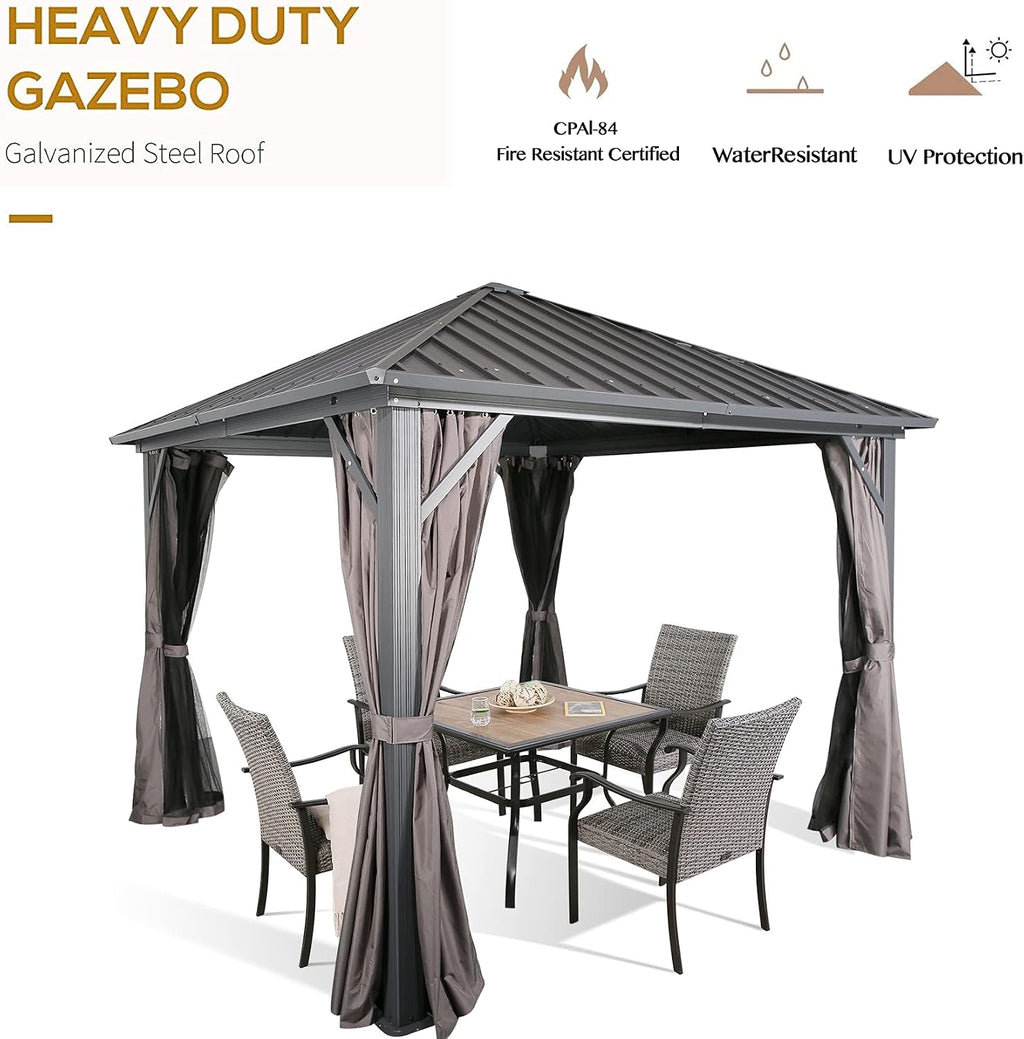 Ulax Furniture Outdoor Hardtop Gazebo Patio Aluminum Permanent Pergola with Galvanized Steel Roof, Mosquito Net and Privacy Curtain (10' x 10')