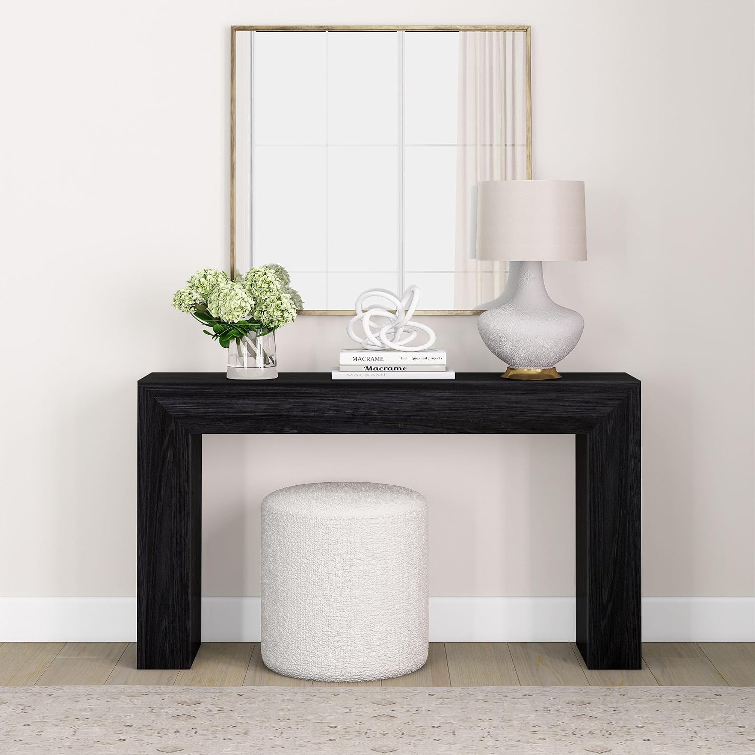 Plank+Beam Grand Console Table, 56 Inch Solid Wood Modern Sofa Table, Narrow Entryway Table for Hallway, Behind The Couch, Living Room, Foyer, Black Wirebrush