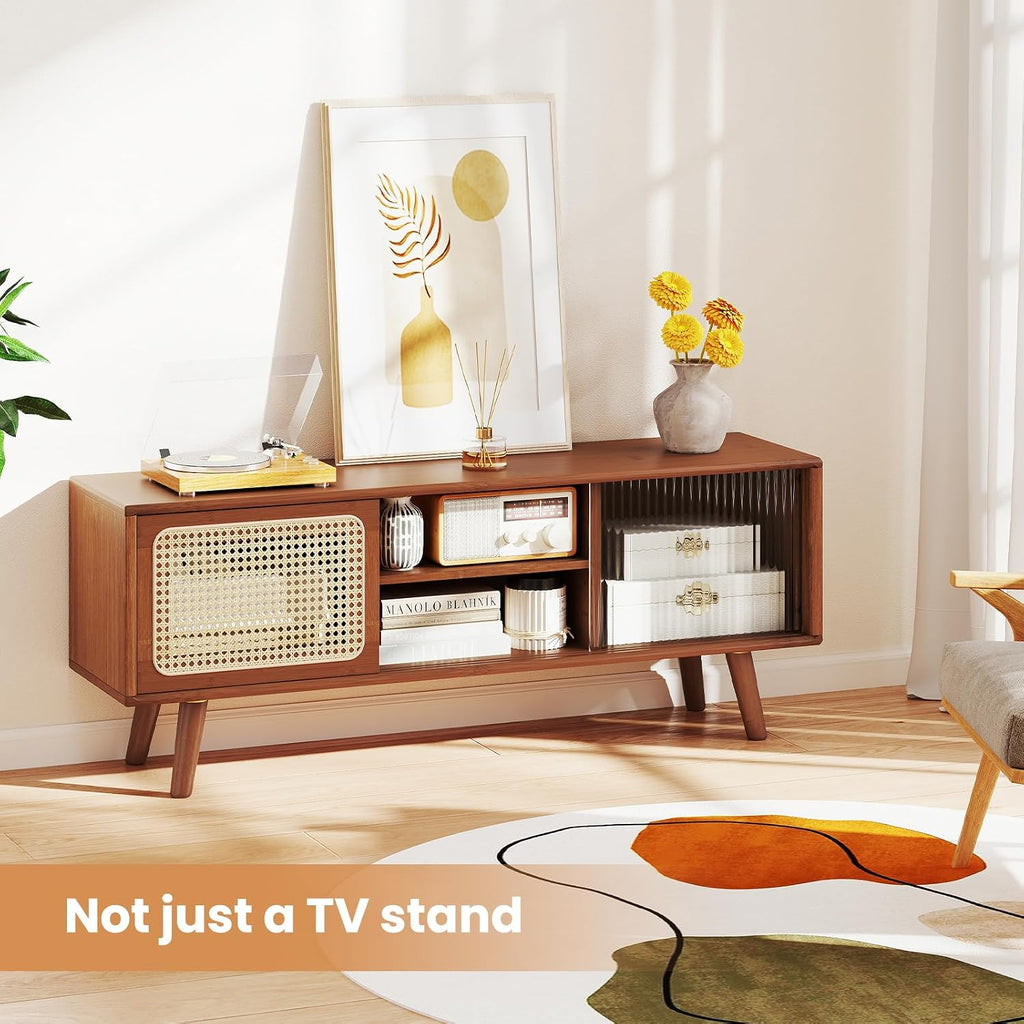 Tangkula Mid Century Modern TV Stand for TVs up to 55', Bamboo Entertainment Center w/PE Rattan & Tempered Glass Sliding Doors, Adjustable Shelf, Media Console for Living Room, Walnut