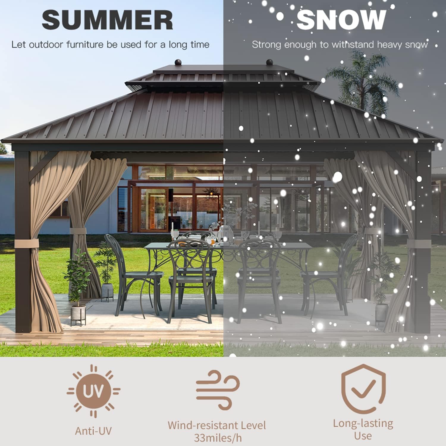 EROMMY 10'x13' Hardtop Gazebo Double Roof Galvanized Steel Canopy Outdoor Aluminum Frame Permanent Metal Pavilion with Netting and Curtains for Patio Backyard Deck and Lawns