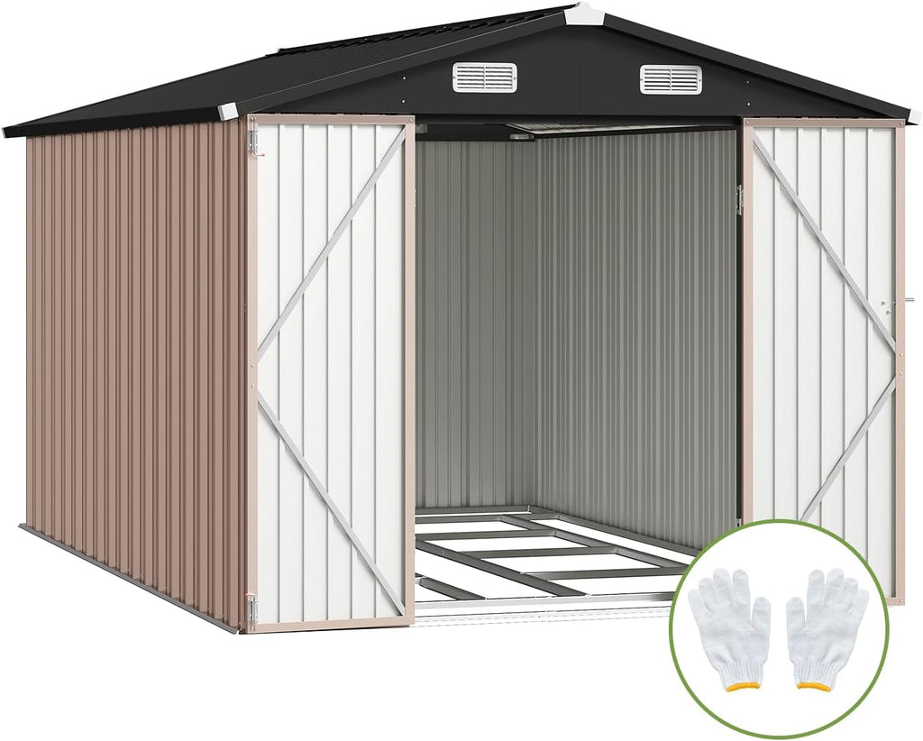 8x12FT A-Frame Metal Shed with Base Included, Brown Outdoor Tool Storage Building, Durable and Weather-Resistant, Perfect for Backyard, Garden, or Lawn