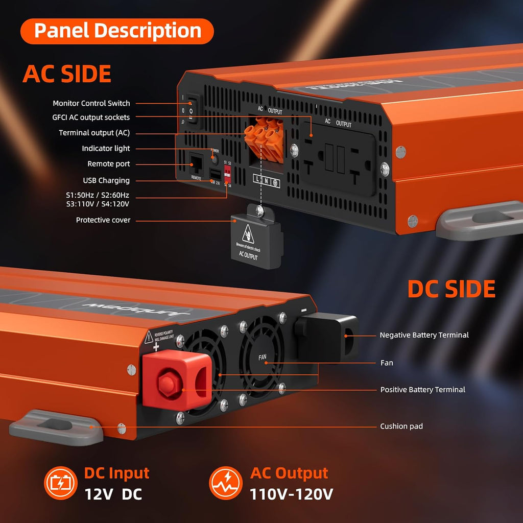 Pure Sine Wave Inverter 12V to 110V Ultra Quiet, Game-Changing Design | 12V to 110 Converter for Home, RV, Camping, Off-Grid & Outdoor Adventures丨DC to AC (LGE-12V-3080Ti)