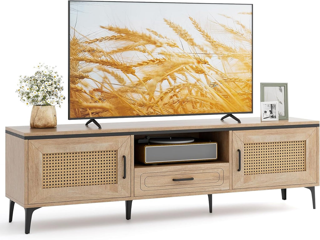 Tangkula Boho TV Stand for 65 Inch TVs, Mid Century Modern Media Entertainment Center with Drawer, 2 Cabinets with Rattan Doors, Metal Legs, Cable Hole, TV Console Table for Living Room (Oak)