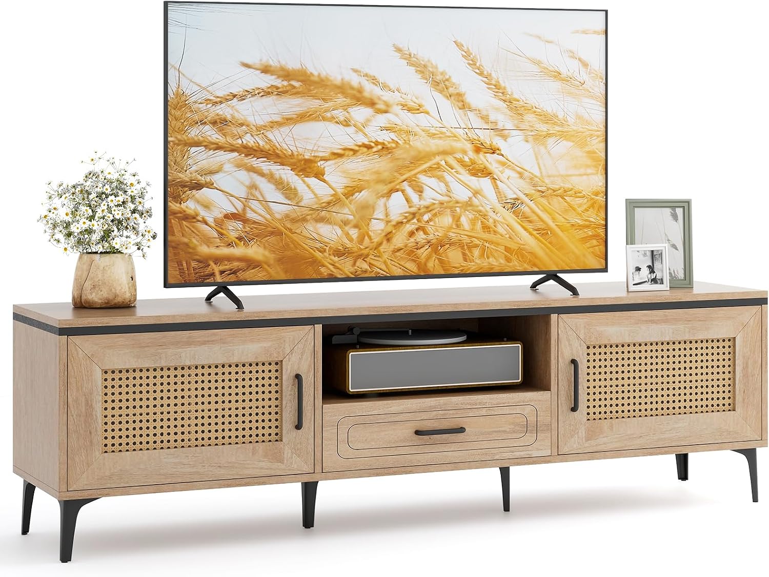 Tangkula Boho TV Stand for 65 Inch TVs, Mid Century Modern Media Entertainment Center with Drawer, 2 Cabinets with Rattan Doors, Metal Legs, Cable Hole, TV Console Table for Living Room (Oak)