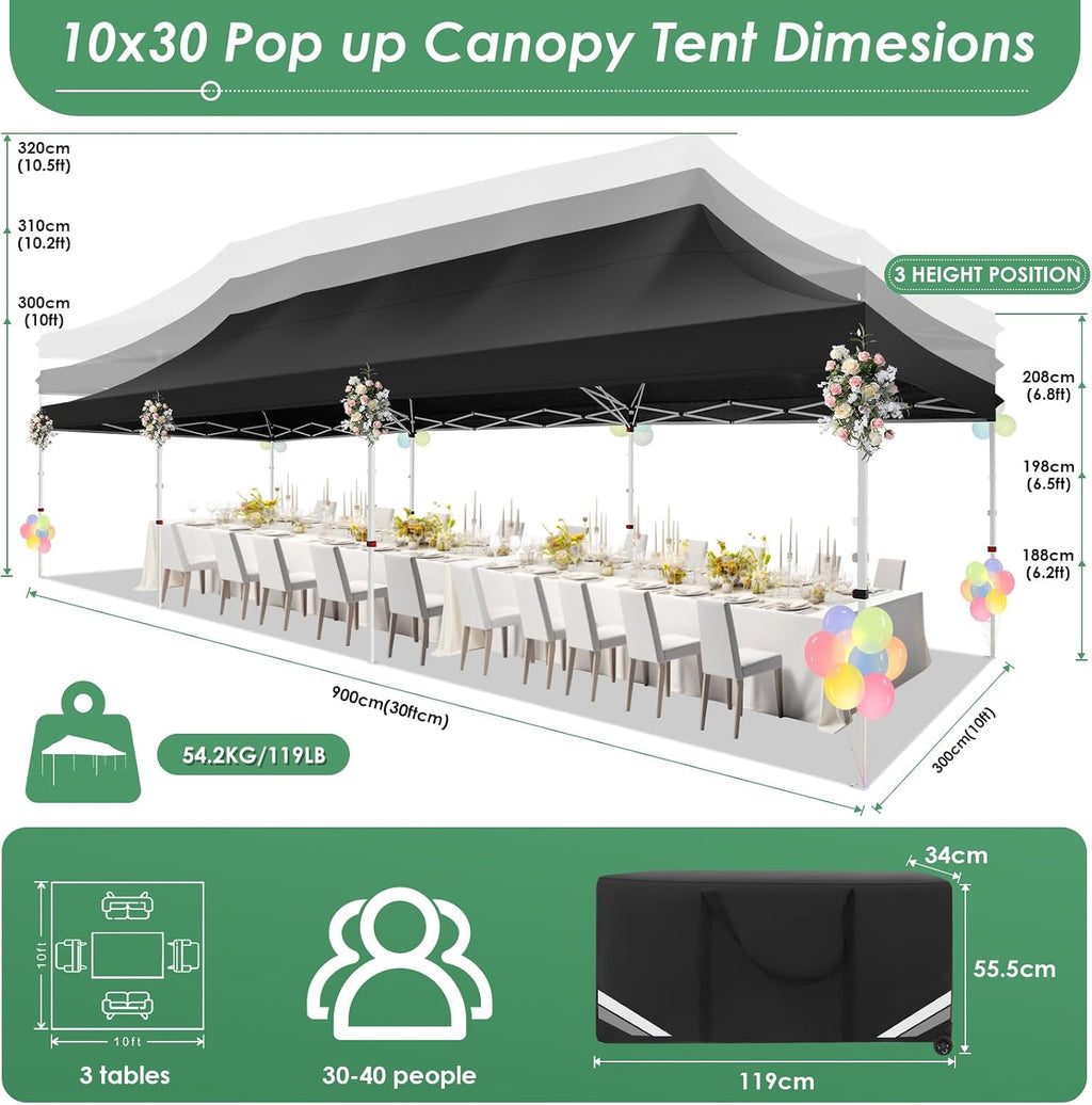 COBIZI Canopy Tent 10x30 Pop Up Canopy with 8 Removable Sidewalls Party Tents for Parties Wedding Patio Commercial Waterproof and UV50+ Ez Outdoor Instant Gazebo with Roller Bag & 4 Sandbags（Black）