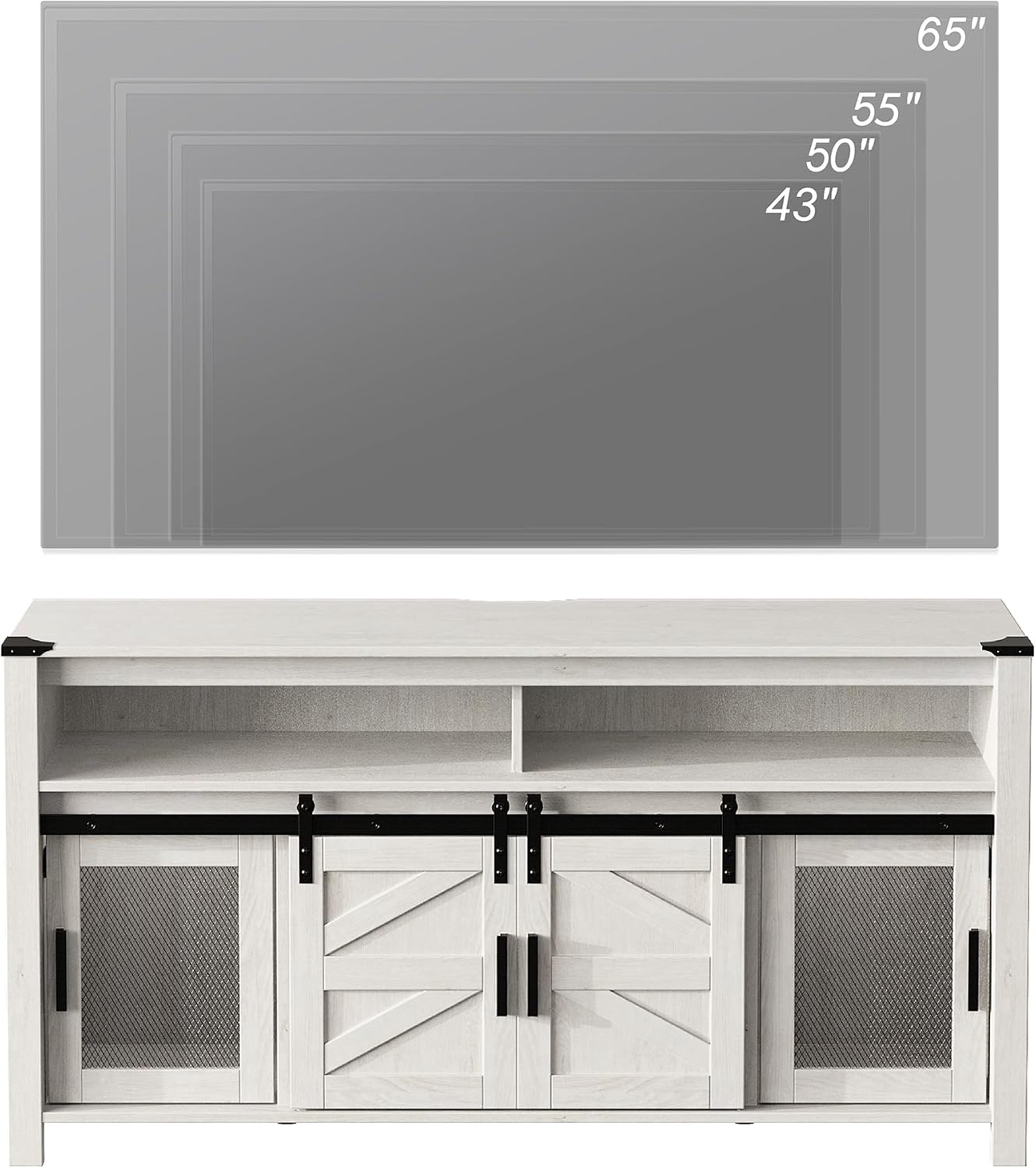 WAMPAT Farmhouse Entertainment Center for 65 Inch TVs, 59' Barn Door TV Stand with Sliding Barn Doors & Mesh Accents, Adjustable Farmhouse TV Stand with Storage for Living Room, Antique White