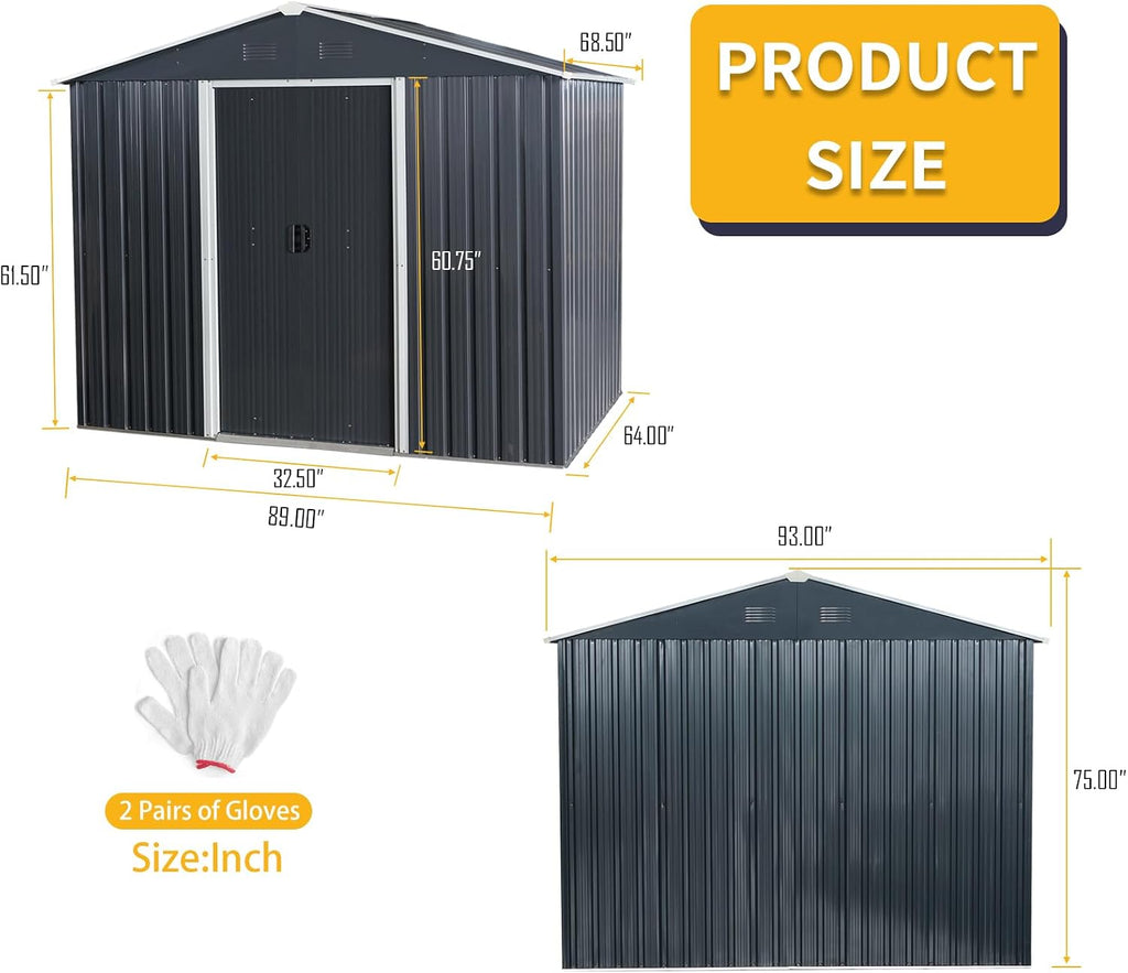 8X6 ft Outdoor Metal Storage Shed with Floor Floor, Lockable Galvanized Steel Tool Shed with Sliding Door and Air Vent, Waterproof Garden Storage House for Backyard, Patio