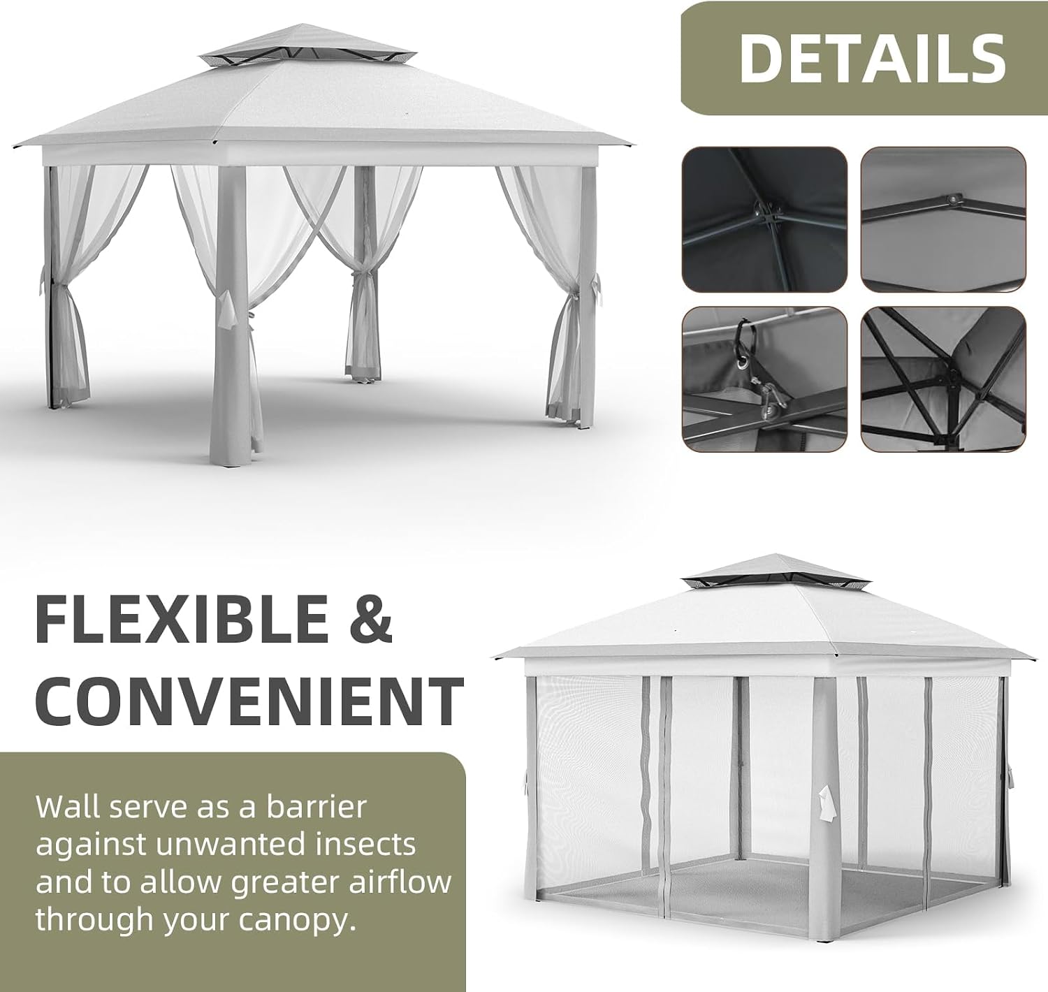 11x11Ft Pop Up Gazebo with Mosquito Netting, Outdoor Heavy Duty Instant Canopy with Sturdy Metal Frame & Double Roofs, Patio Shelter for Backyard, Garden, Lawn, Deck