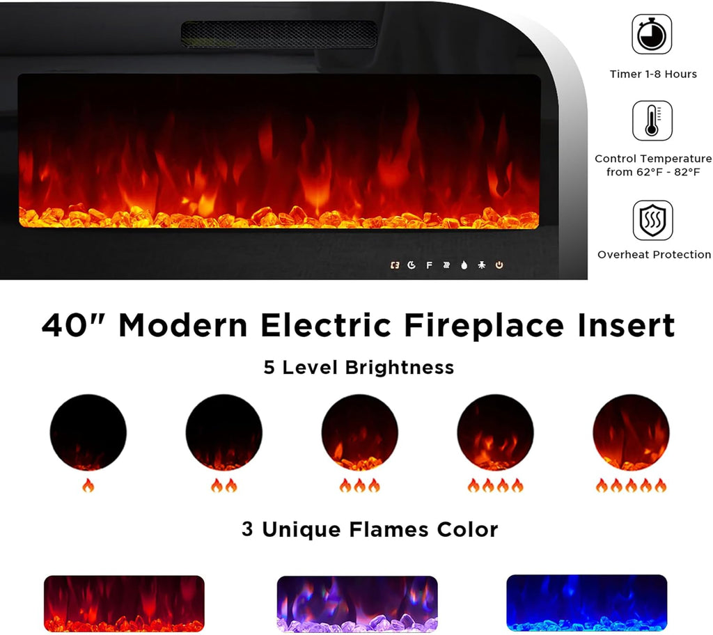VanAcc 80' Fireplace TV Stand with 40' Electric Fireplace, High Gloss Entertainment Center with LED Lights, Modern Entertainment Stand for TVs up to 90', Rustic Oak&Black
