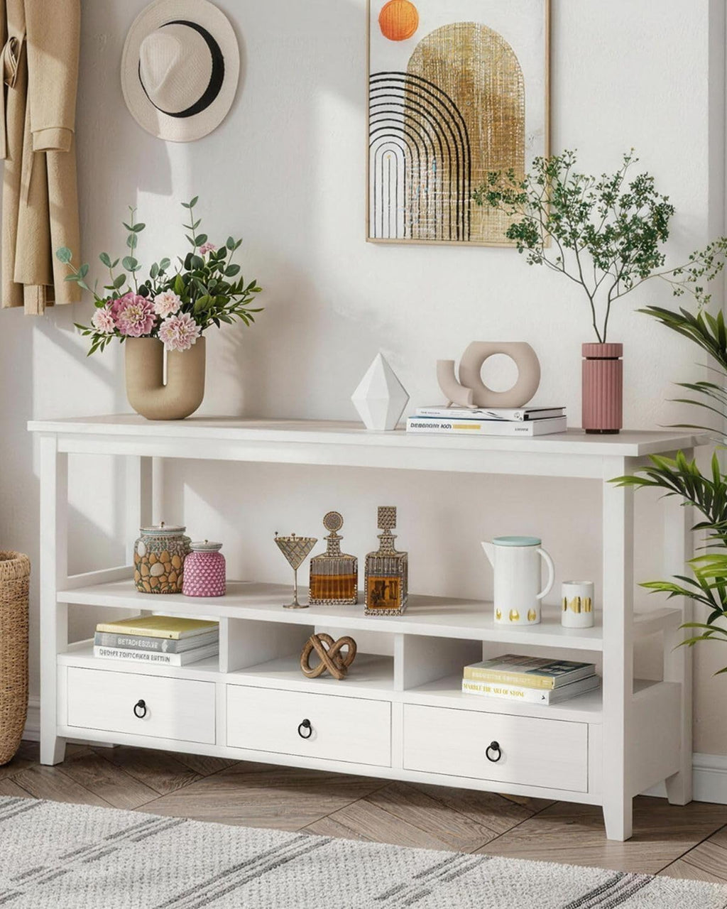 Karl home Console Table with 3 Bottom Drawers, 57.9' W Sofa Side Table Entryway Desk with 3 Storage Cubbies 1 Open Shelf, Vintage TV Stand for Hallway Living Room Office, White 29.9' H