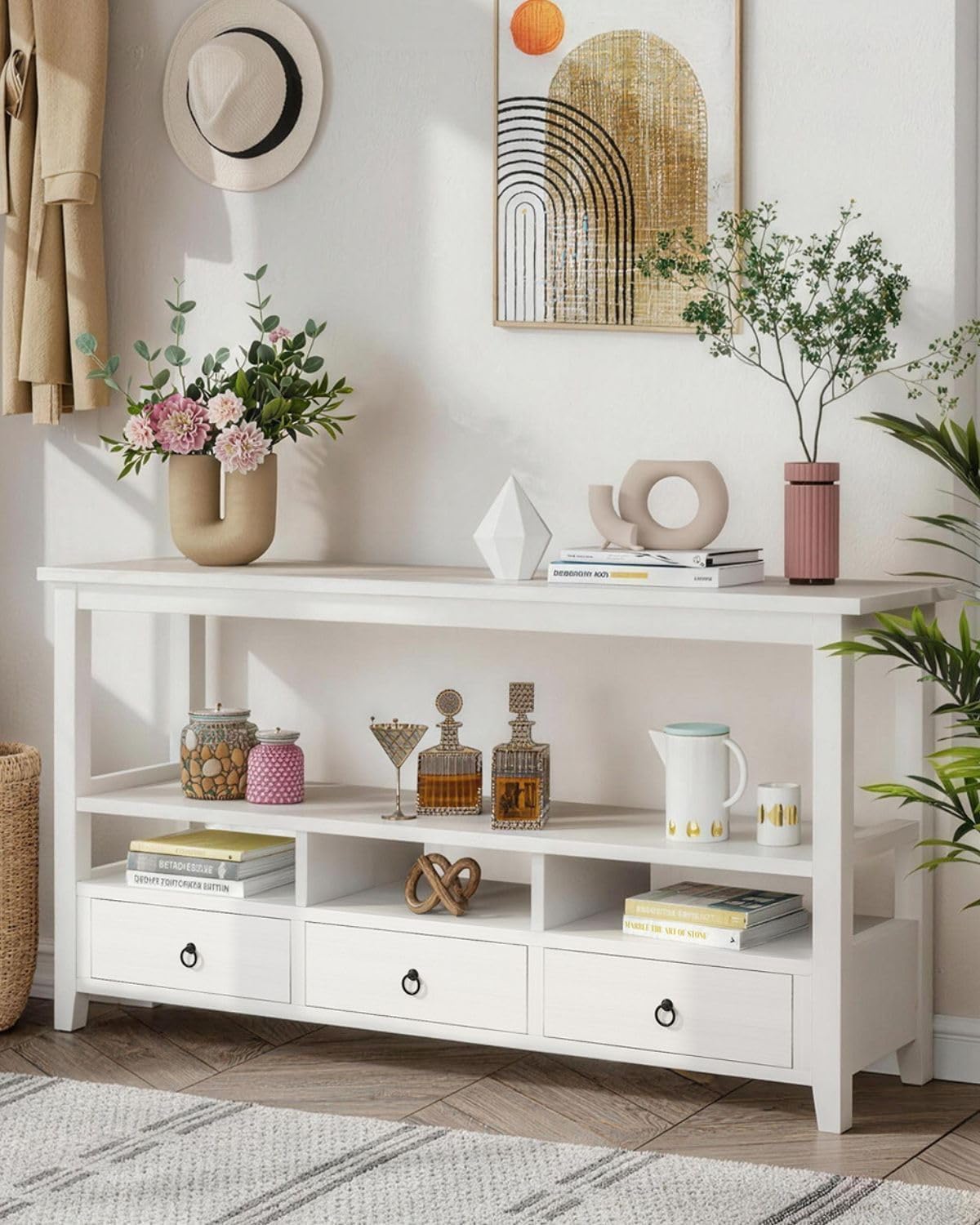 Karl home Console Table with 3 Bottom Drawers, 57.9' W Sofa Side Table Entryway Desk with 3 Storage Cubbies 1 Open Shelf, Vintage TV Stand for Hallway Living Room Office, White 29.9' H