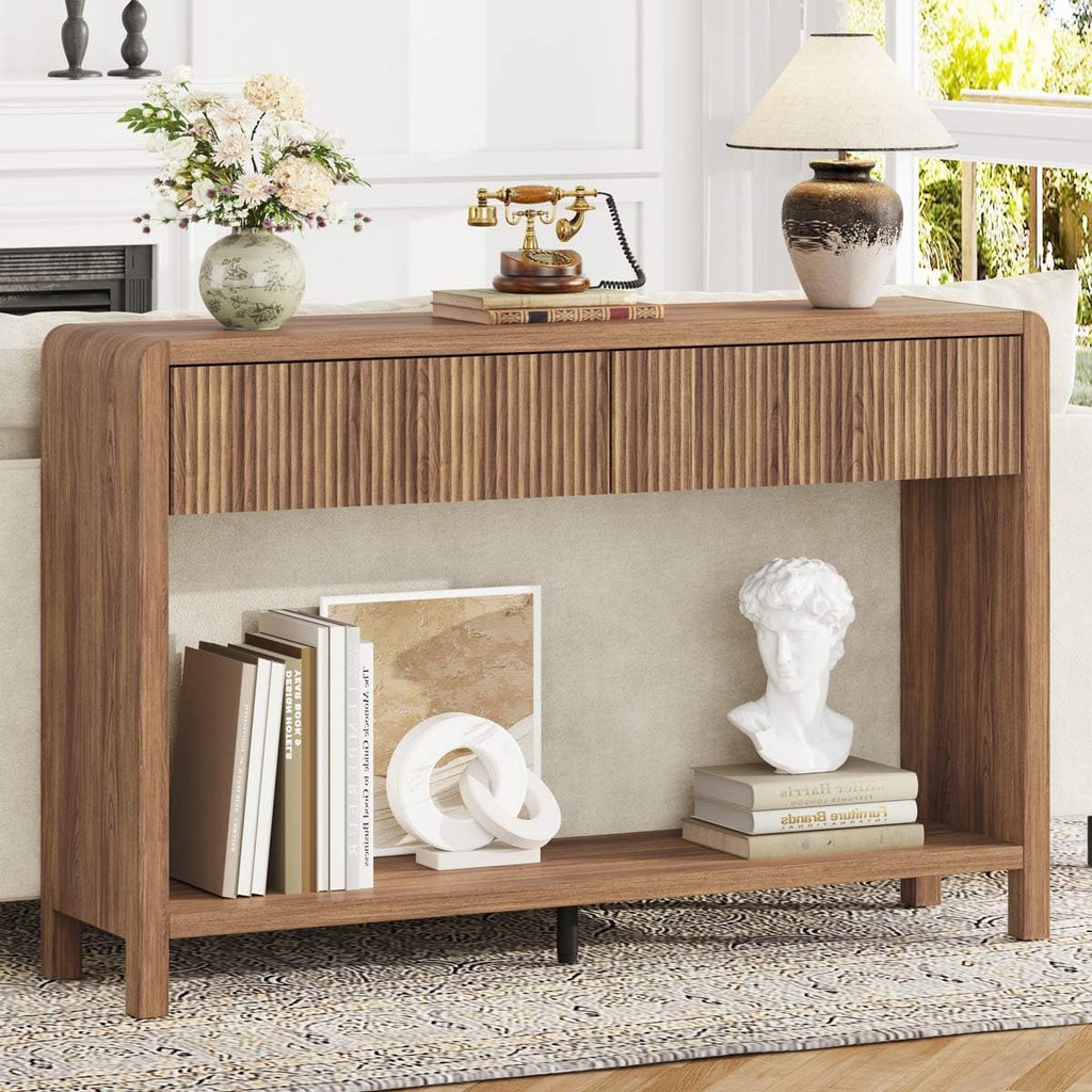 FATORRI Console Sofa Table for Entryway, Wood Foyer Tables for Living Room, Farmhouse Couch Table behinde Sofa with 2 Drawers for Hallway Storage (47.2 inch, Walnut)