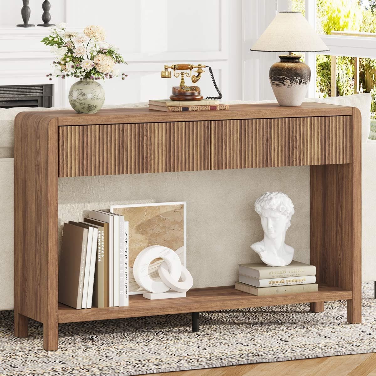 FATORRI Console Sofa Table for Entryway, Wood Foyer Tables for Living Room, Farmhouse Couch Table behinde Sofa with 2 Drawers for Hallway Storage (47.2 inch, Walnut)