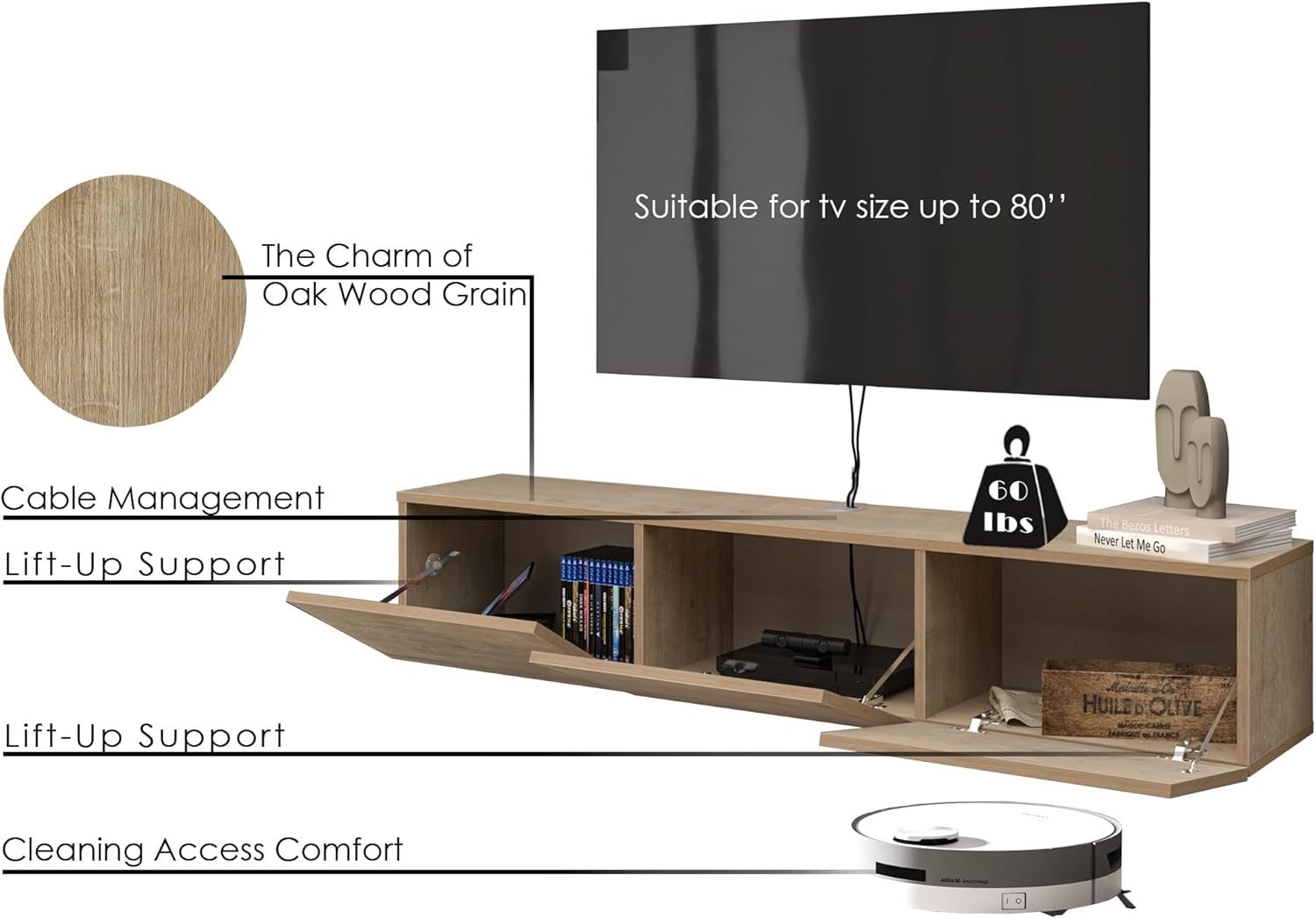 Floating TV Stand for 75-80 Inch TV, 63' Wall Mounted TV Stand with Storage Cabinet, Floating Entertainment Center with Cable Management Hole, Oak Wood Grain Floating Media Console for Living Room