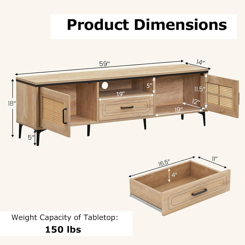 Tangkula Boho TV Stand for 65 Inch TVs, Mid Century Modern Media Entertainment Center with Drawer, 2 Cabinets with Rattan Doors, Metal Legs, Cable Hole, TV Console Table for Living Room (Oak)