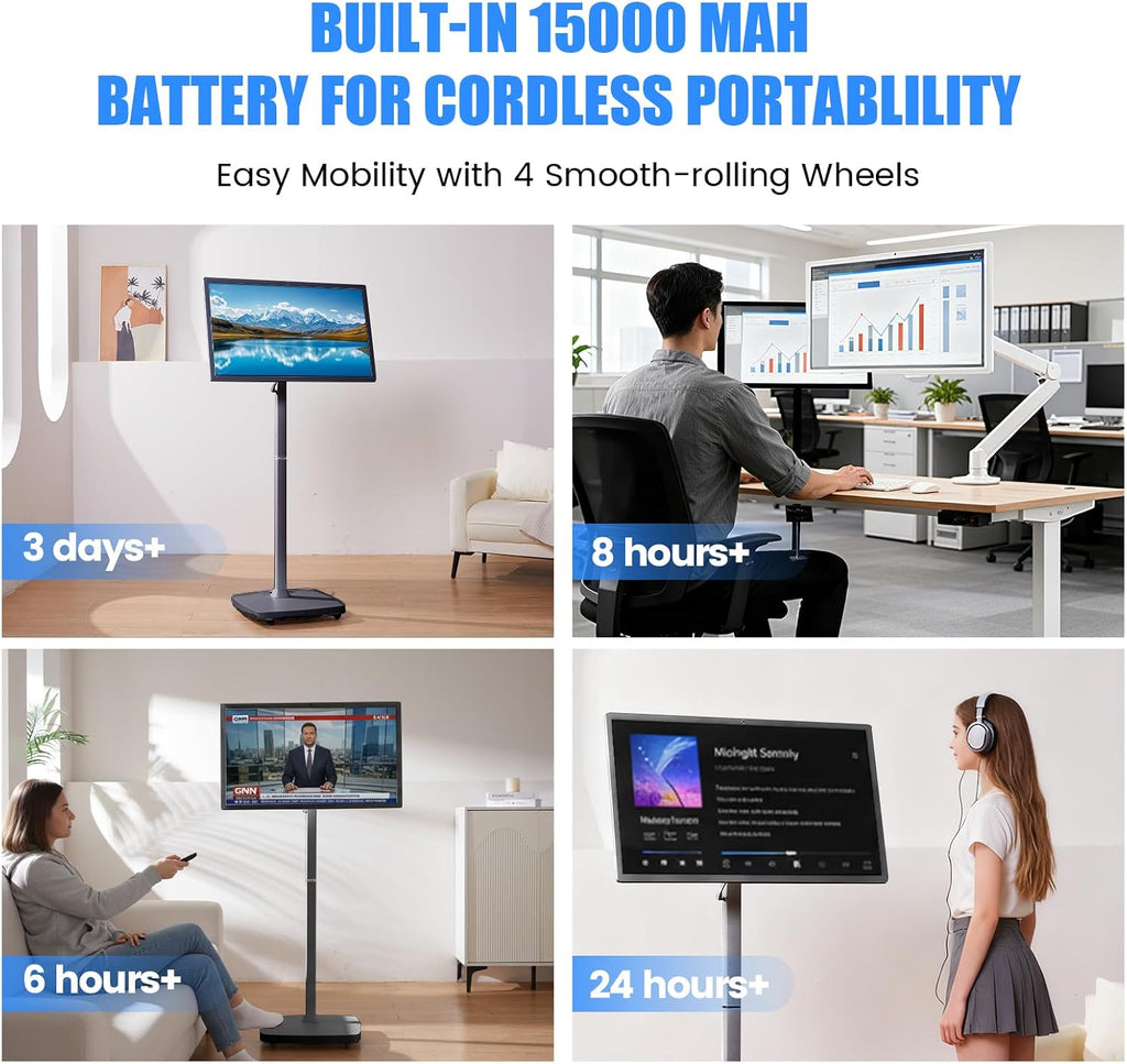 32 Inch Smart Portable TV on Wheels,FHD Touch-Screen-Monitor,Wireless RollableTV, 8G RAM,128G Storage,Built-in 6-8H Battery,Android 14,Full Swivel Rotation,Remote Control (Grey)