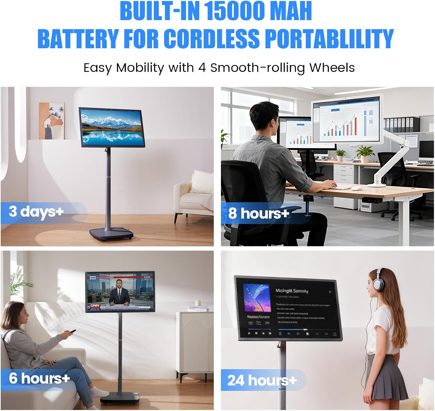 32 Inch Smart Portable TV on Wheels,FHD Touch-Screen-Monitor,Wireless RollableTV, 8G RAM,128G Storage,Built-in 6-8H Battery,Android 14,Full Swivel Rotation,Remote Control (Grey)