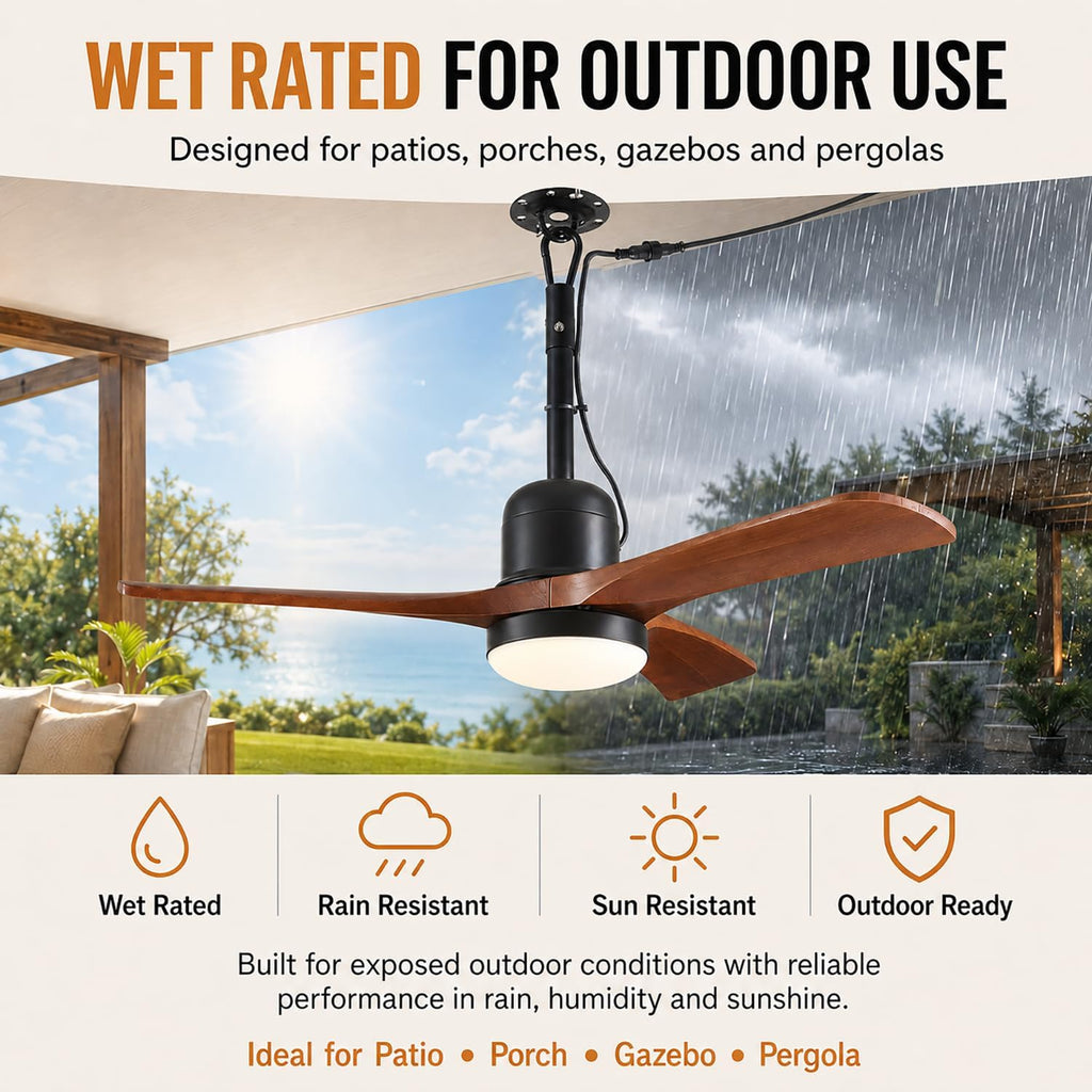 34 Inch Outdoor Ceiling Fan with Light and Remote, Wet Rated Gazebo Fan with 16 ft Plug in Cord, Farmhouse Wood 3 Blade Hanging Ceiling Fan for Patio Porch Pergola, Quiet Reversible DC Motor