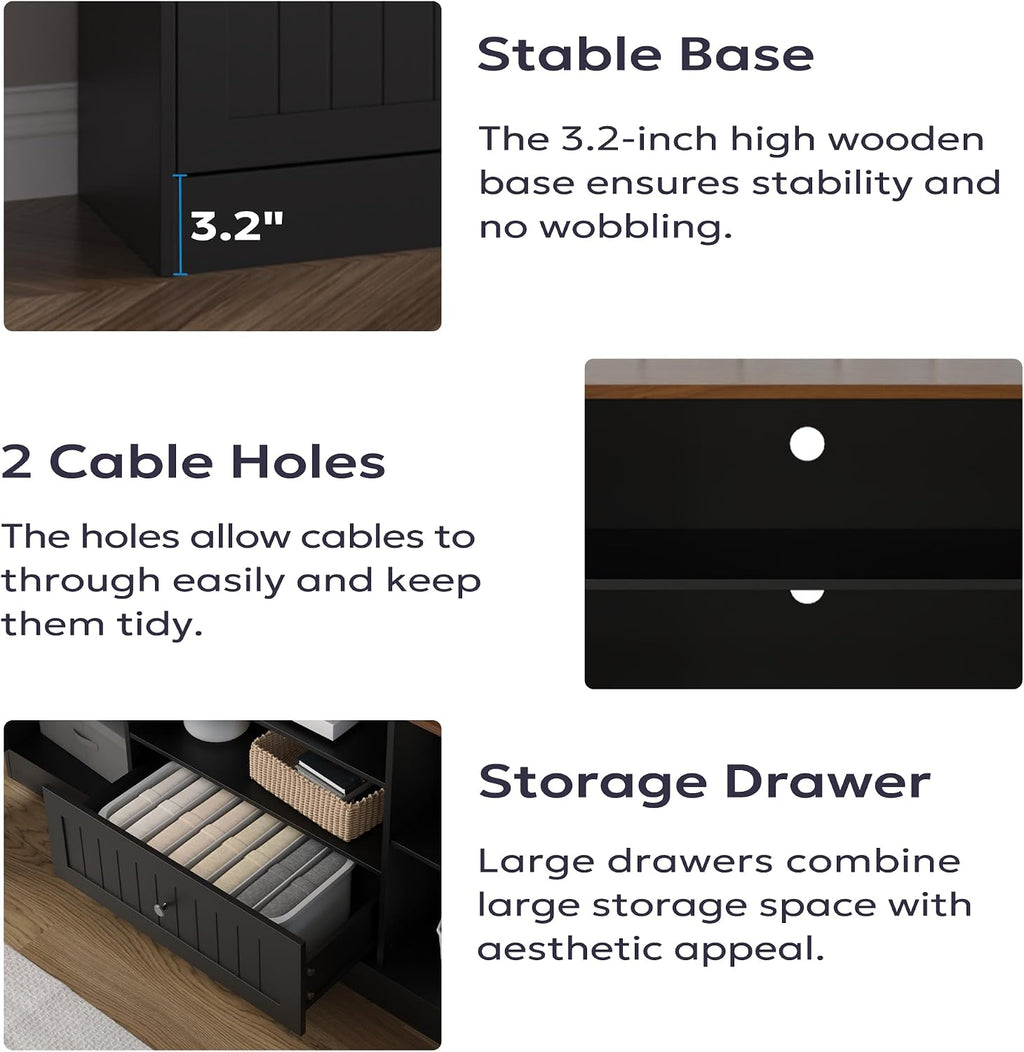 Furnify Farmhouse TV Stand for TVs up to 70 Inch, 63 Inch Entertainment Center with Storage Drawer and Open Shelves, Modern Media Console for Living Room, Bedroom, Black