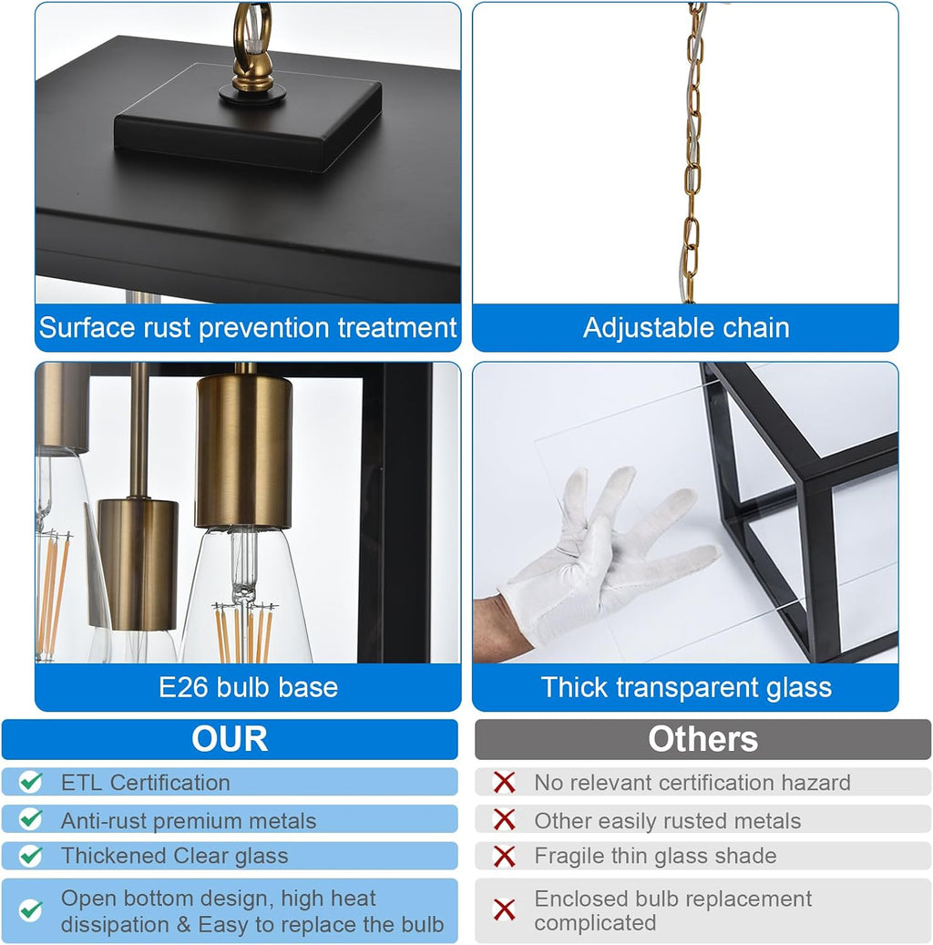 16.7'' Large Outdoor Pendant Light, 4-Lights Black and Brushed Brass Exterior Hanging Porch Chandelier Lantern with Clear Glass, Outdoor Ceiling Light Fixture for Entryway Gazebo Patio