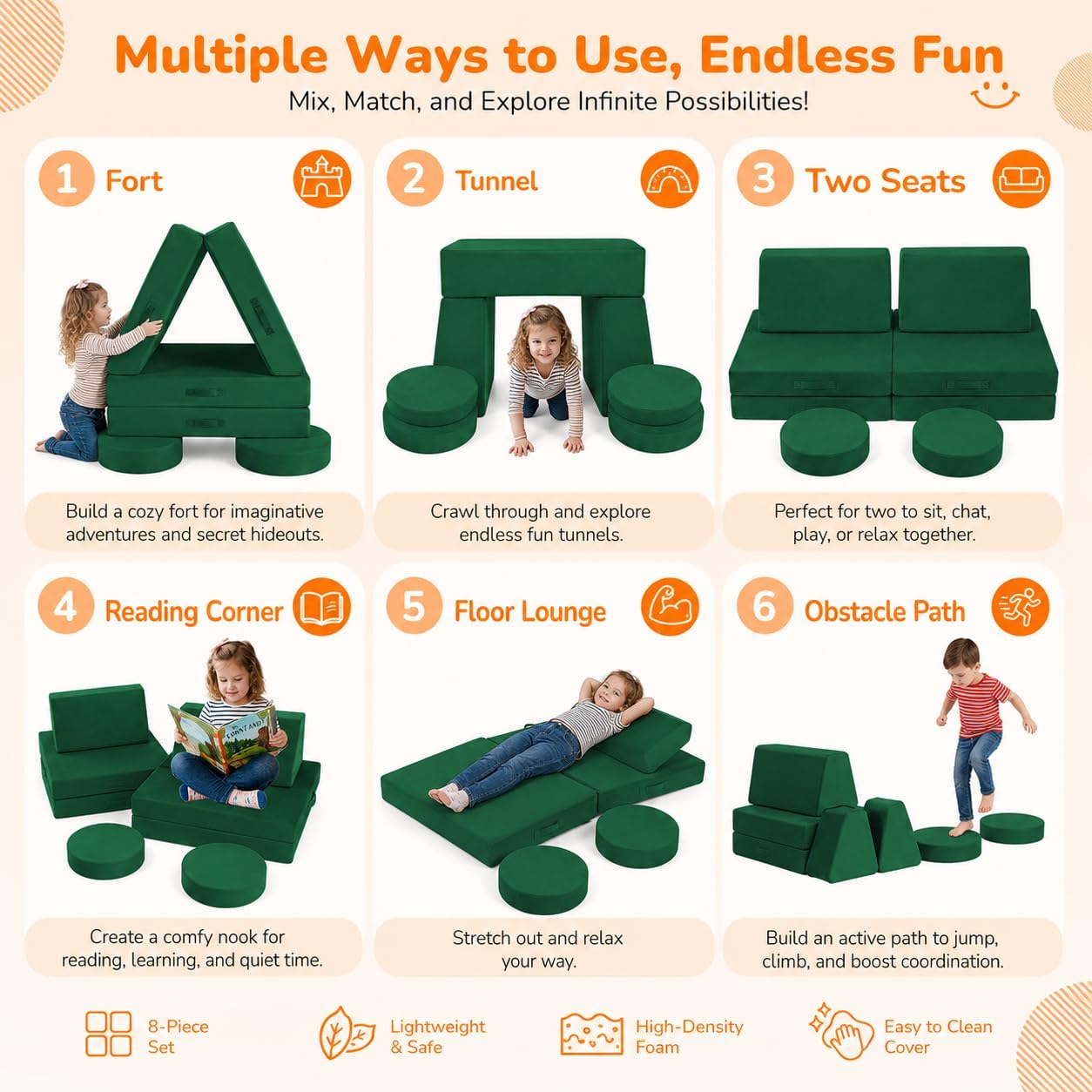 MeMoreCool Kids Play Couch, 8-Piece Modular Foam Sofa Fort Builder Set in Forest Green, Convertible Kids Couch with Washable Plush Cover for Playroom and Bedroom