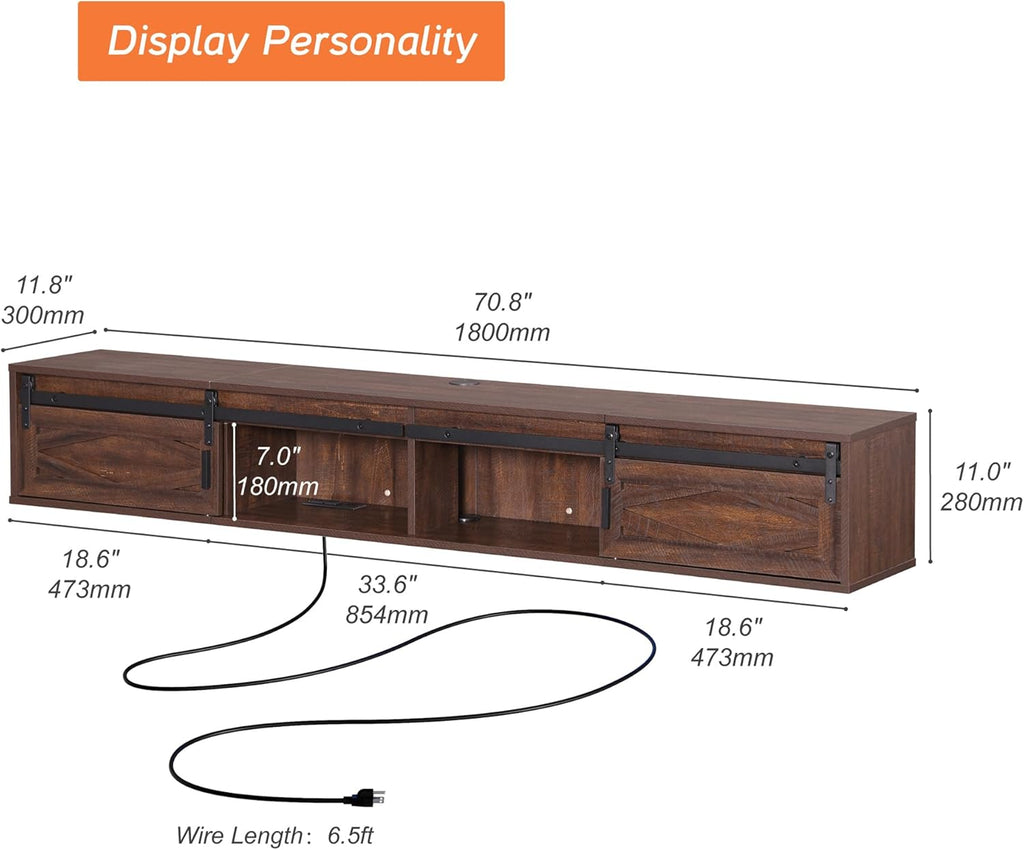 WAMPAT Floating TV Stand for TVs up to 80 Inch, Wood Entertainment Center with Charging Station, Sliding Barn Door Floating TV Shelf for Living Room,Rustic Brown
