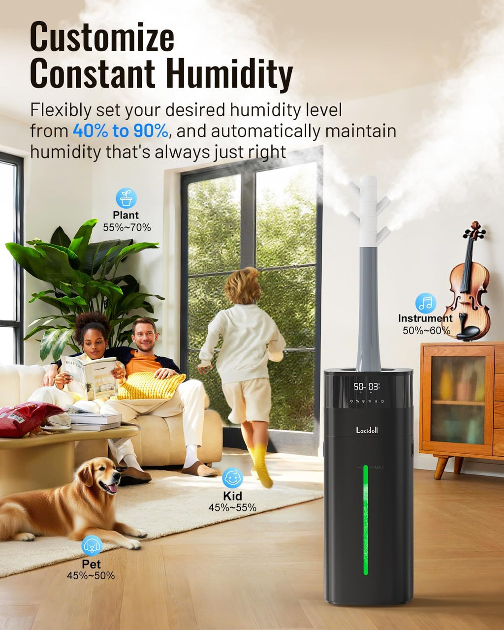 Lacidoll Warm and Cool Mist Humidifier Large Room, 5.3Gal/20L Humidifiers for Home 2500 sq ft, Whole House Humidifiers with Diffuser & Extended Tube, Air Humidifier for Bedroom Nursery Baby Plants