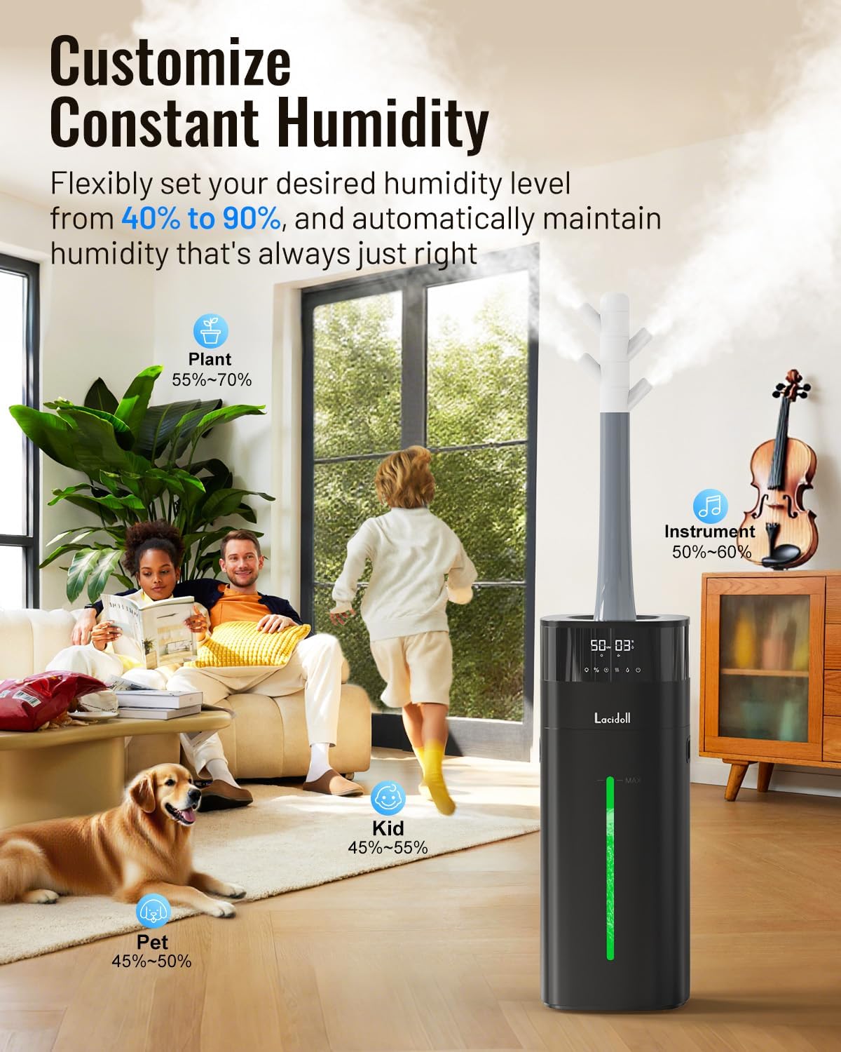 Lacidoll Warm and Cool Mist Humidifier Large Room, 5.3Gal/20L Humidifiers for Home 2500 sq ft, Whole House Humidifiers with Diffuser & Extended Tube, Air Humidifier for Bedroom Nursery Baby Plants