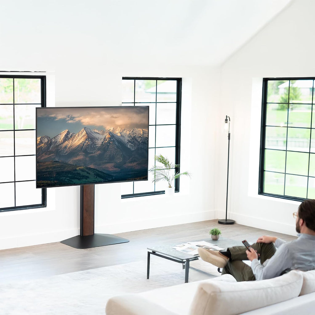 VIVO Dual-Column TV Floor Stand for 32' to 85' Screens with Heavy Duty Base, Tilting Mount with 5 Set Height Adjustments, Black and Dark Walnut, STAND-TV85JS