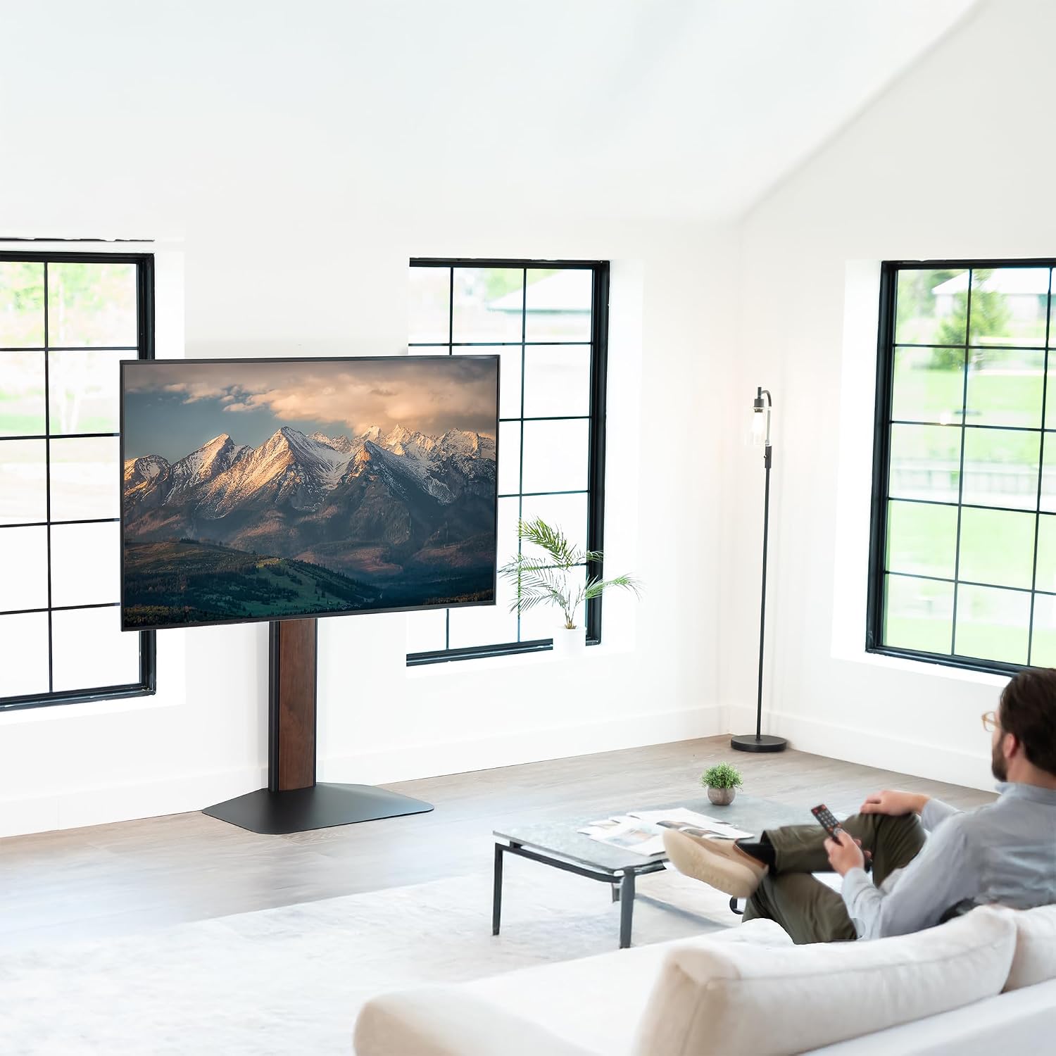 VIVO Dual-Column TV Floor Stand for 32' to 85' Screens with Heavy Duty Base, Tilting Mount with 5 Set Height Adjustments, Black and Dark Walnut, STAND-TV85JS