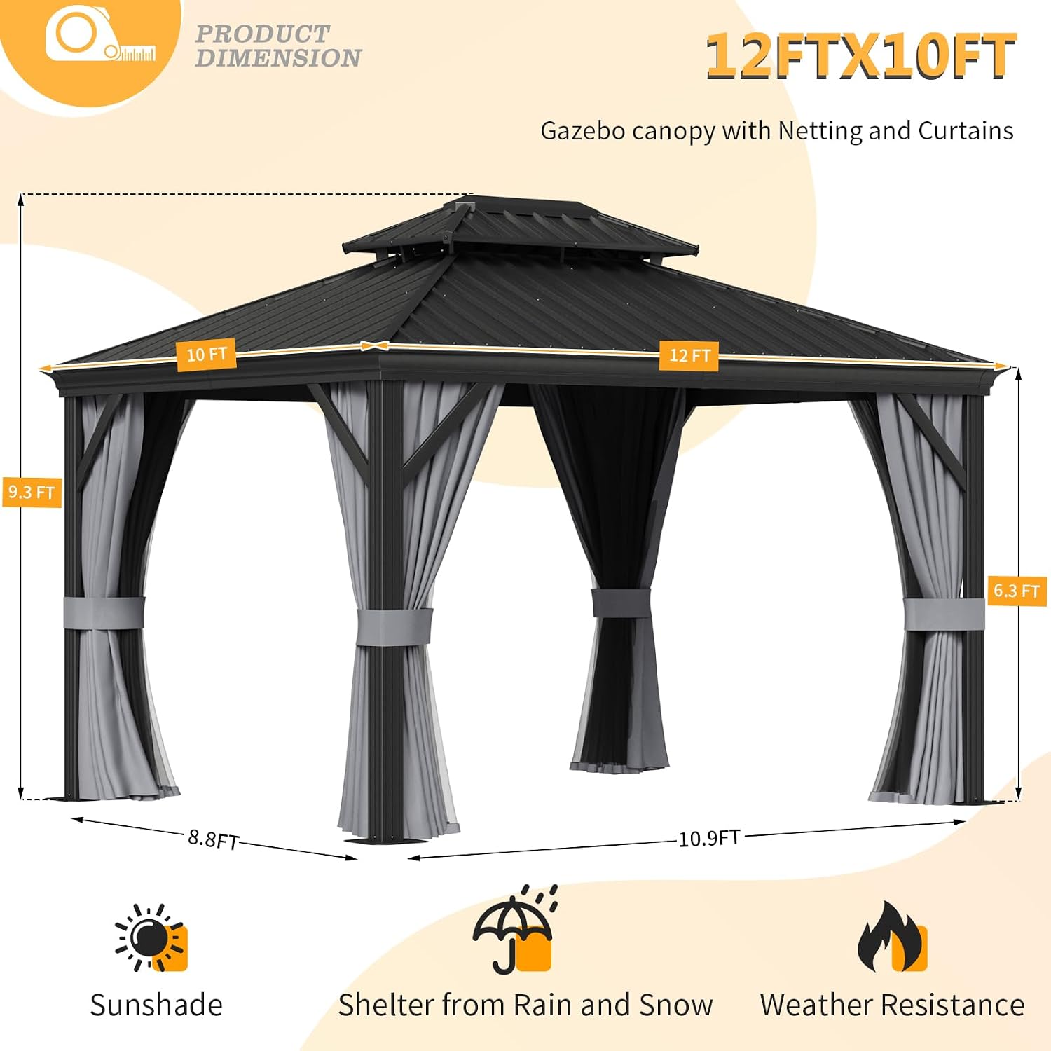 10' x 12' Permanent, Galvanized Steel Double Top, Hardtop Aluminum Frame Gazebo, Outdoor Metal Gazebo with Curtains and Netting, for Decks, Lawns, Parties, Parties