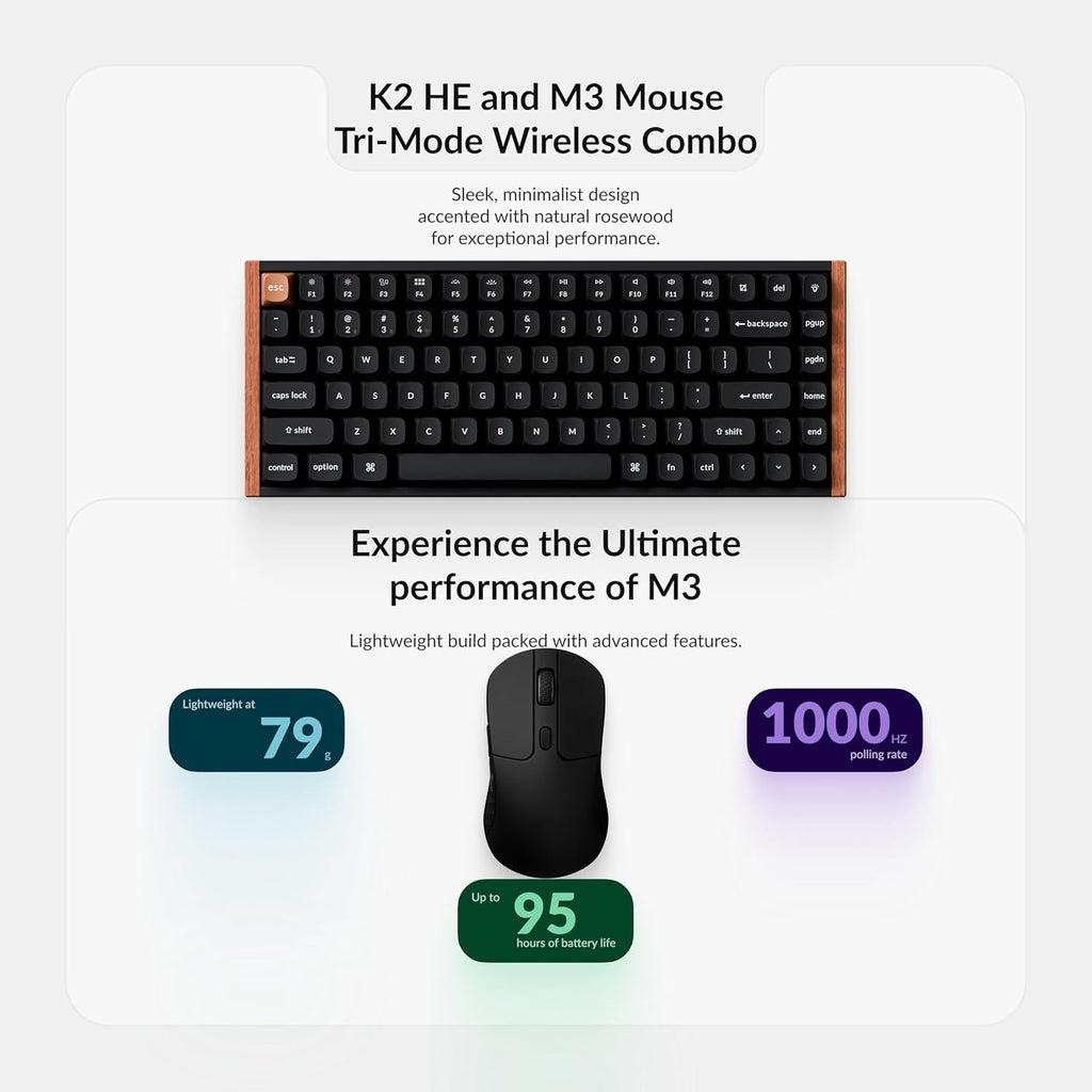 Keychron K2 HE Wireless Magnetic Switch Custom Keyboard and M3 Bluetooth 79g Lightweight Mouse QMK 2.4 GHz with Hall Effect Gateron Double-Rail, 3311 Sensor 12000 DPI Compatible with Mac Windows Linux