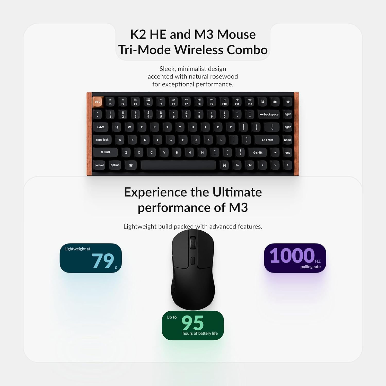 Keychron K2 HE Wireless Magnetic Switch Custom Keyboard and M3 Bluetooth 79g Lightweight Mouse QMK 2.4 GHz with Hall Effect Gateron Double-Rail, 3311 Sensor 12000 DPI Compatible with Mac Windows Linux