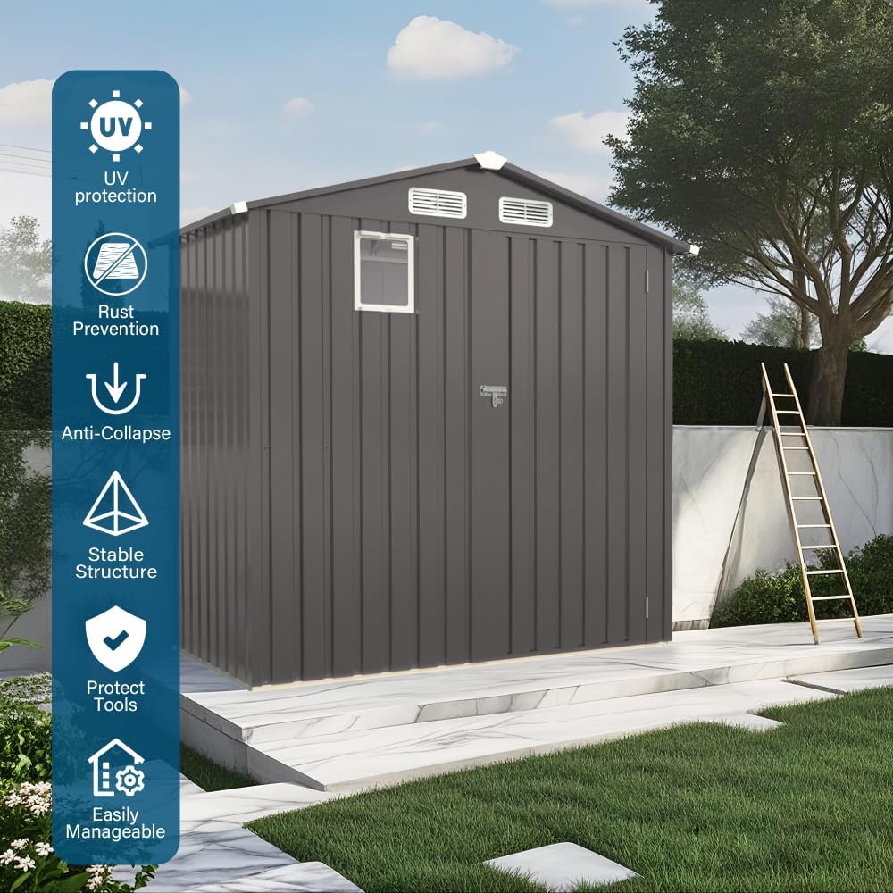 6X3.5 FT Metal Storage Shed Outdoor Tool Shed with Window, Lockable Door & Vents, Waterproof Backyard Garden Storage for Tools, Bikes, Sundries, Patio (Gray)