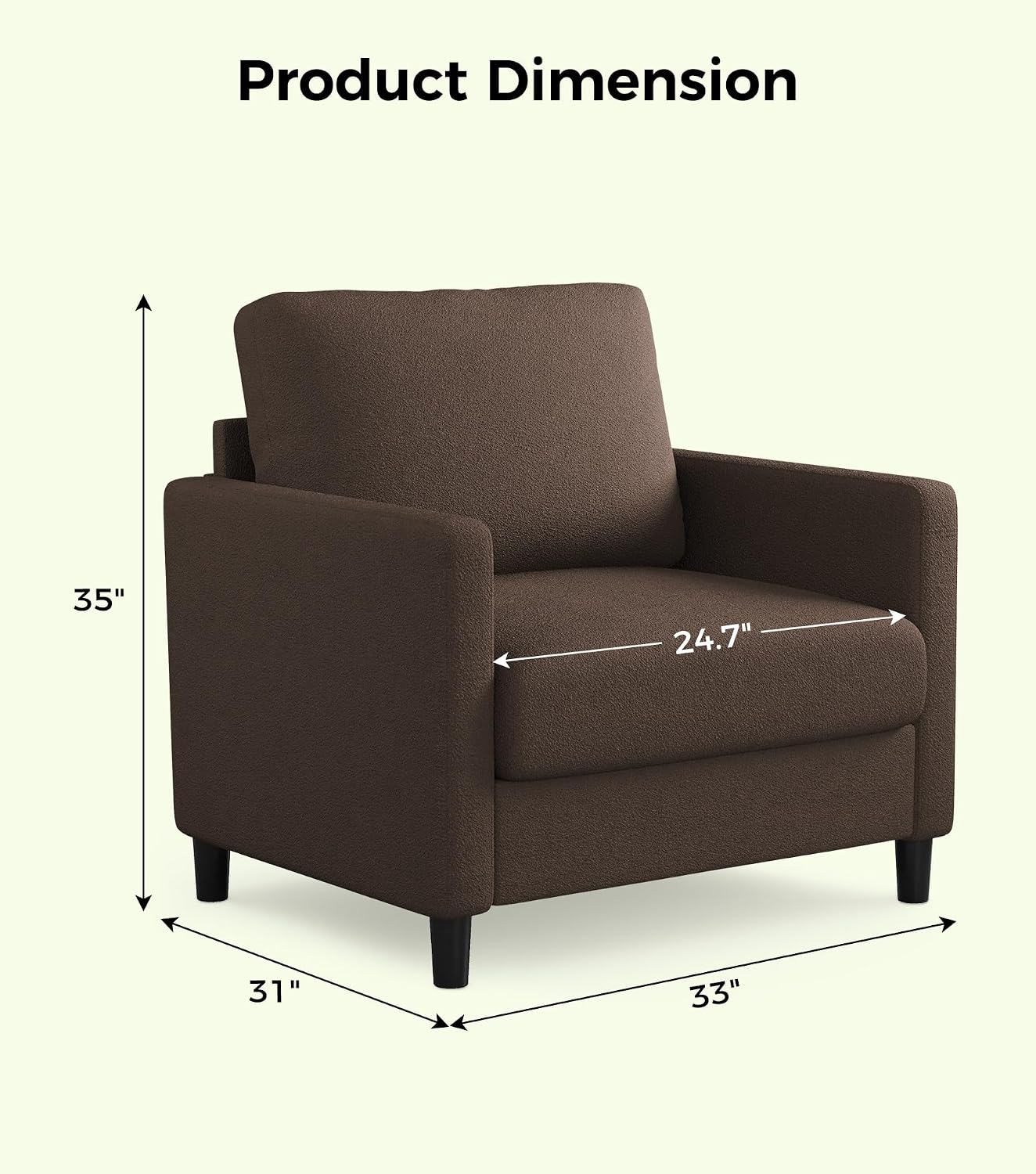 Welzona Sofa Accent Chair, 33' Reading Chair for Bedroom, Tool-Free Setup Living Room Accent Chairs, Comfy Arm Chairs Living Room, All-Wood Reading Nook, Brown