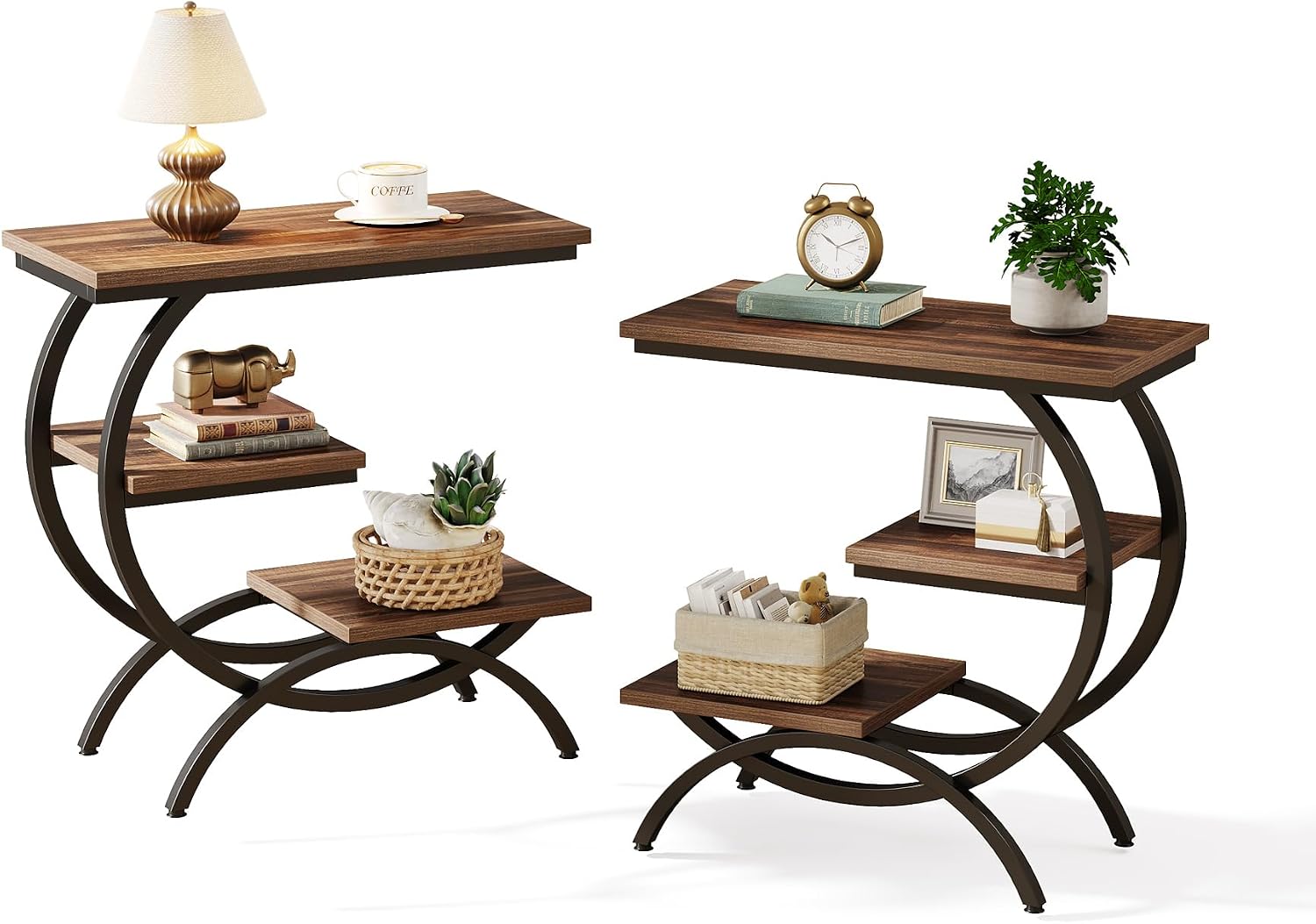 LITTLE TREE End Table Set 2, Narrow End Table with 3 Storage Shelves, Industrial C-Shaped Small Sofa Side Table for Living Room, Wood Slim Snack Table with Black Metal Frame, Rustic Brown