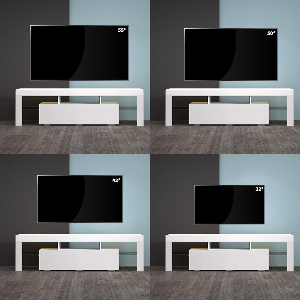 White TV Stand, 60 65 70 75 inch Wood TV Stand, High Glossy Entertainment Center with Large Drawers＆Glass Display Shelf, LED Modern Media Gaming Cabinet TV Console for Livingroom