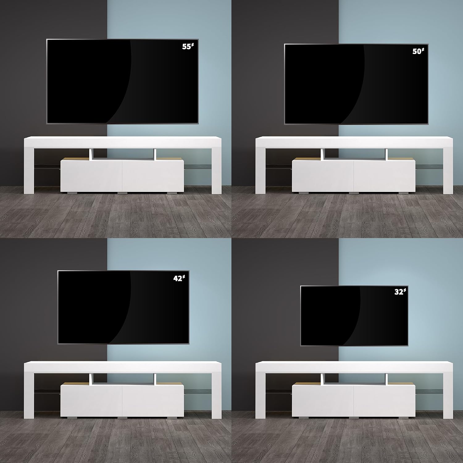 White TV Stand, 60 65 70 75 inch Wood TV Stand, High Glossy Entertainment Center with Large Drawers＆Glass Display Shelf, LED Modern Media Gaming Cabinet TV Console for Livingroom